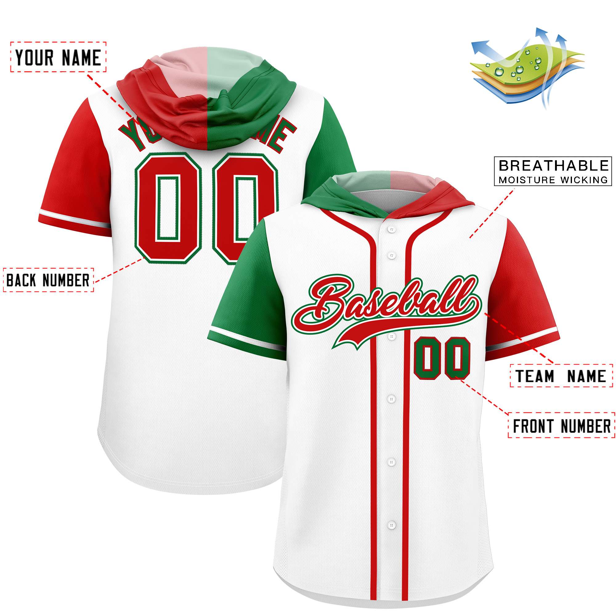 Custom White Kelly Green and Red Split Fashion Raglan Sleeves Authentic Baseball Hoodie Jersey