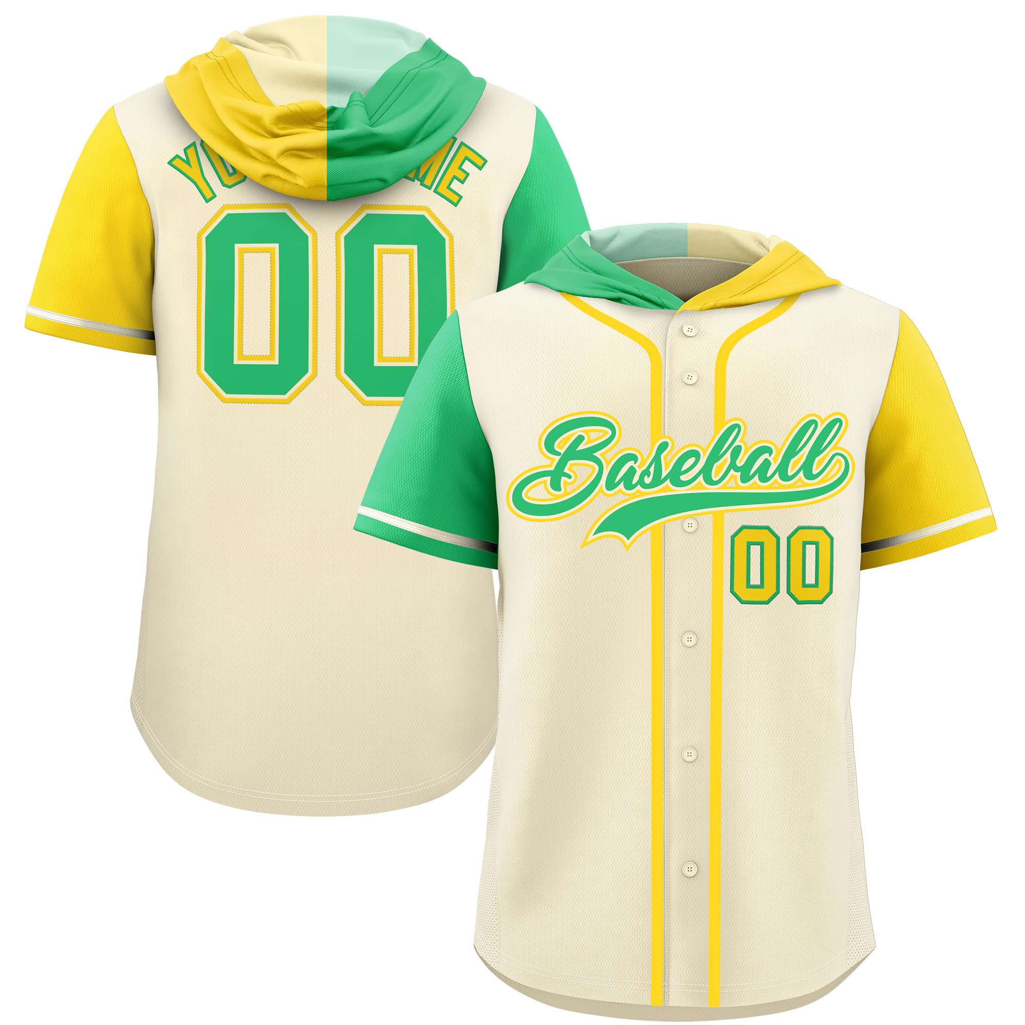 Custom Cream Bright Green and Gold Split Fashion Raglan Sleeves Authentic Baseball Hoodie Jersey