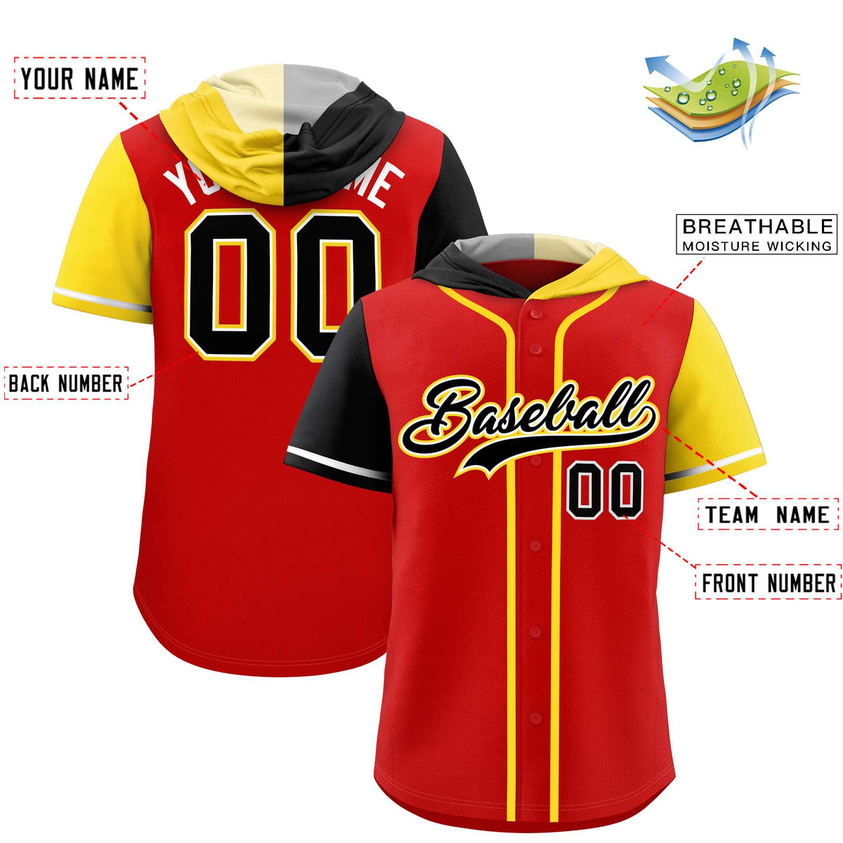 Custom Red Black and Gold Split Fashion Raglan Sleeves Authentic Baseball Hoodie Jersey