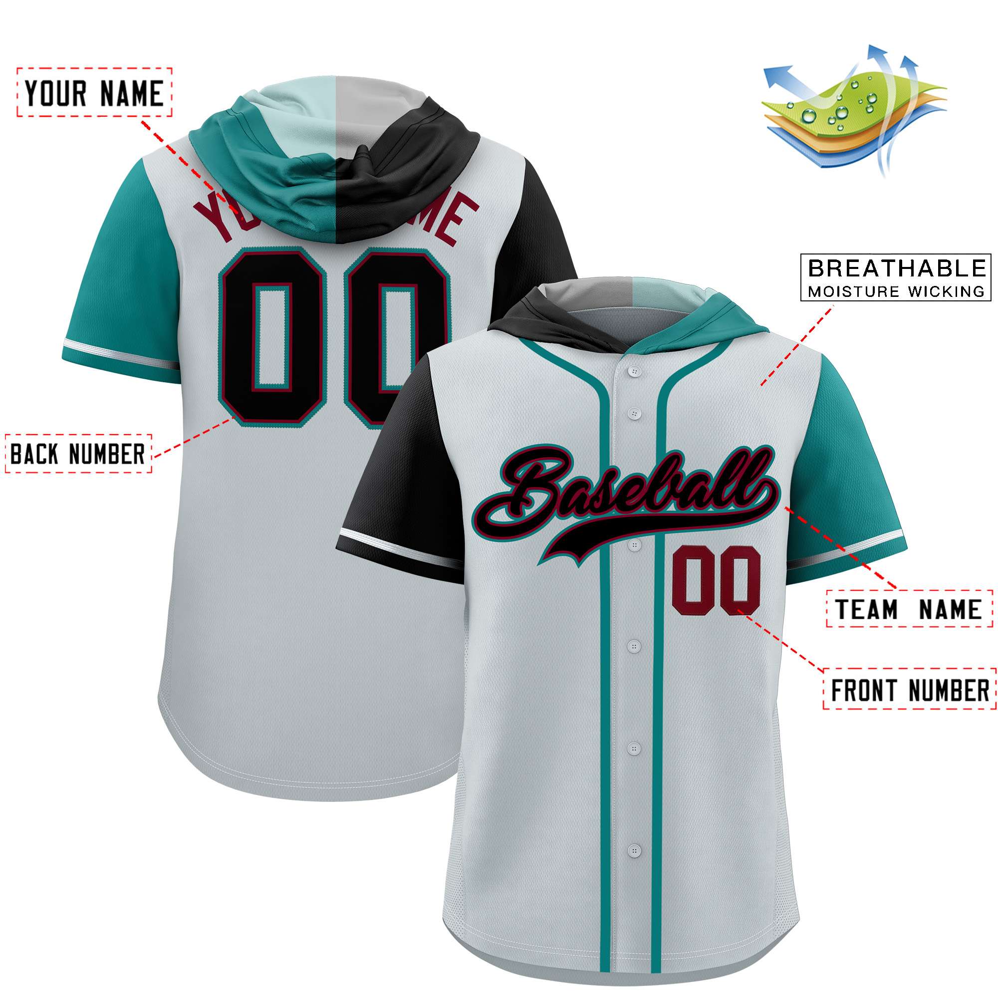 Custom Silver Black and Aqua Split Fashion Raglan Sleeves Authentic Baseball Hoodie Jersey