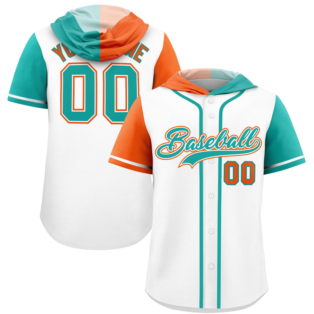 Custom White Orange and Aqua Split Fashion Raglan Sleeves Authentic Baseball Hoodie Jersey