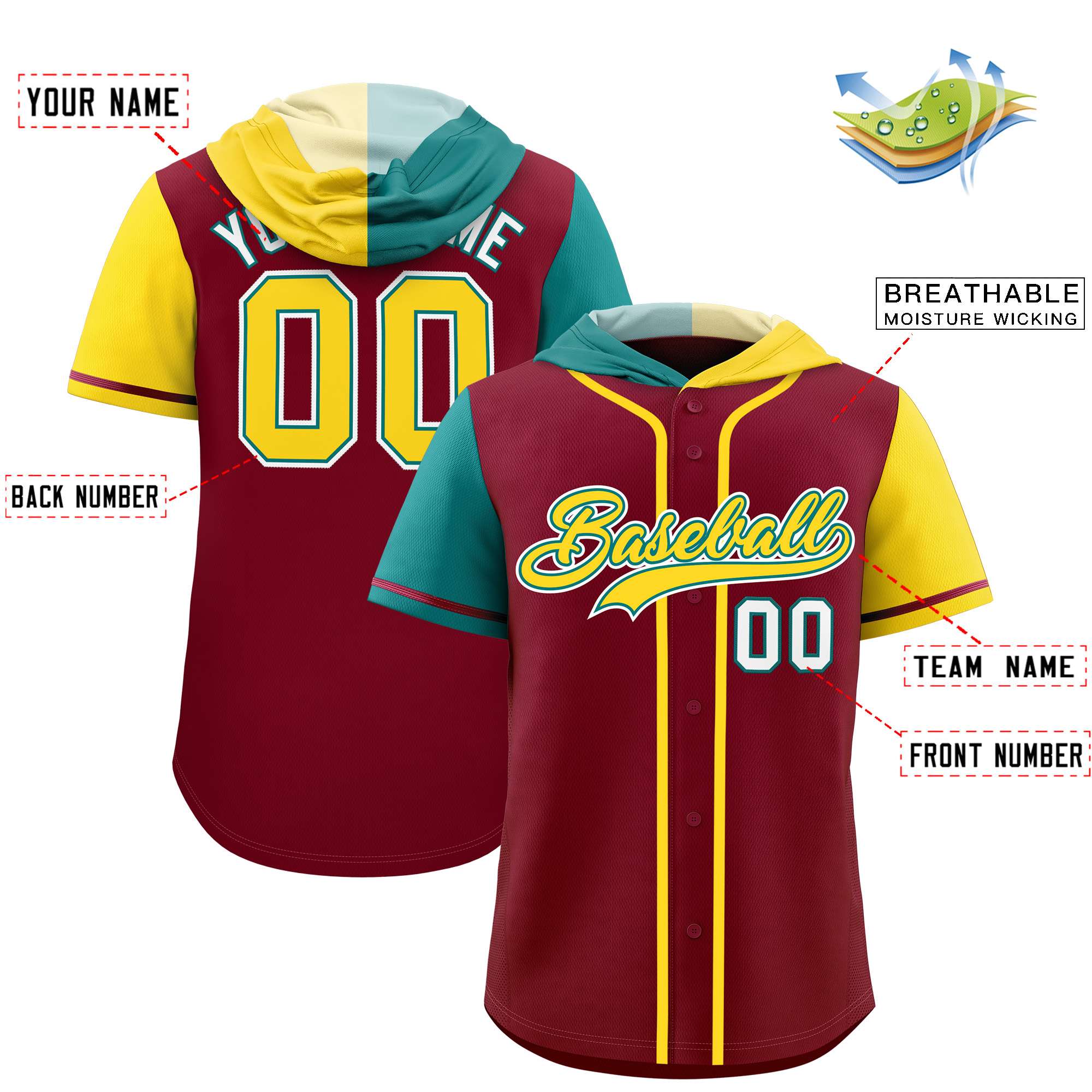 Custom Crimson Aqua and Gold Split Fashion Raglan Sleeves Authentic Baseball Hoodie Jersey