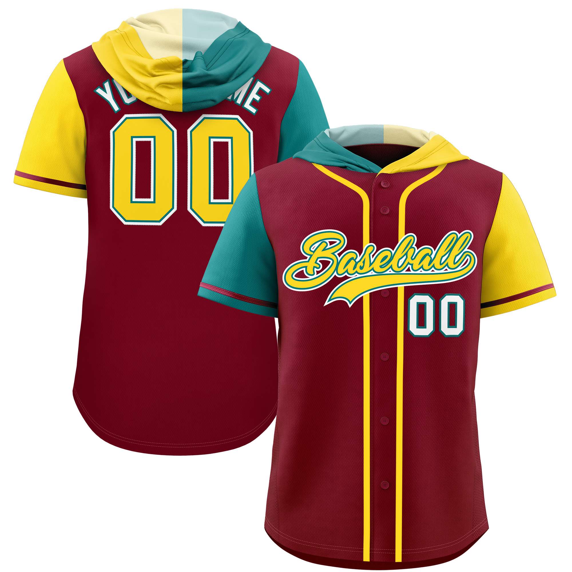 Custom Crimson Aqua and Gold Split Fashion Raglan Sleeves Authentic Baseball Hoodie Jersey