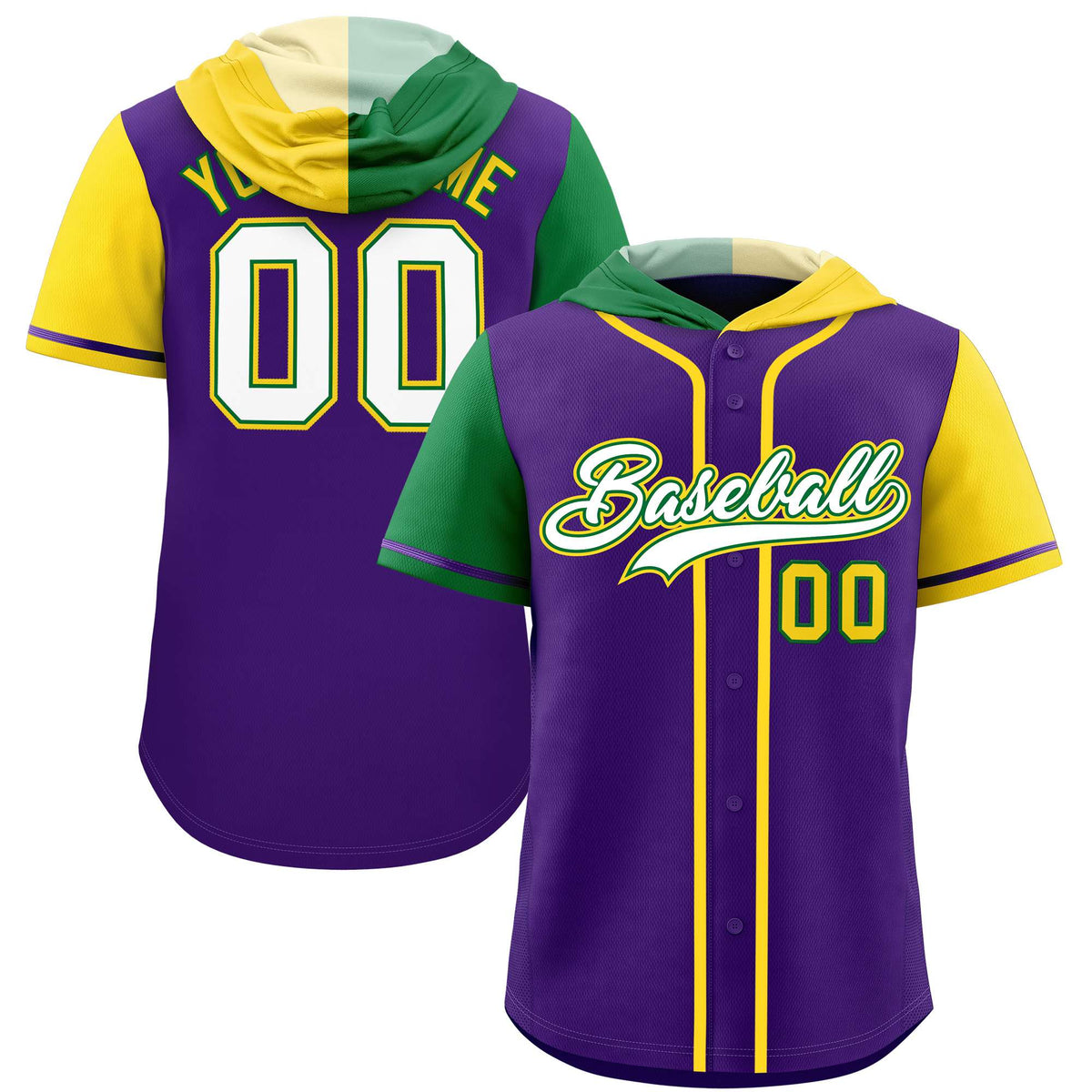 Custom Purple Kelly Green and Gold Split Fashion Raglan Sleeves Authentic Baseball Hoodie Jersey