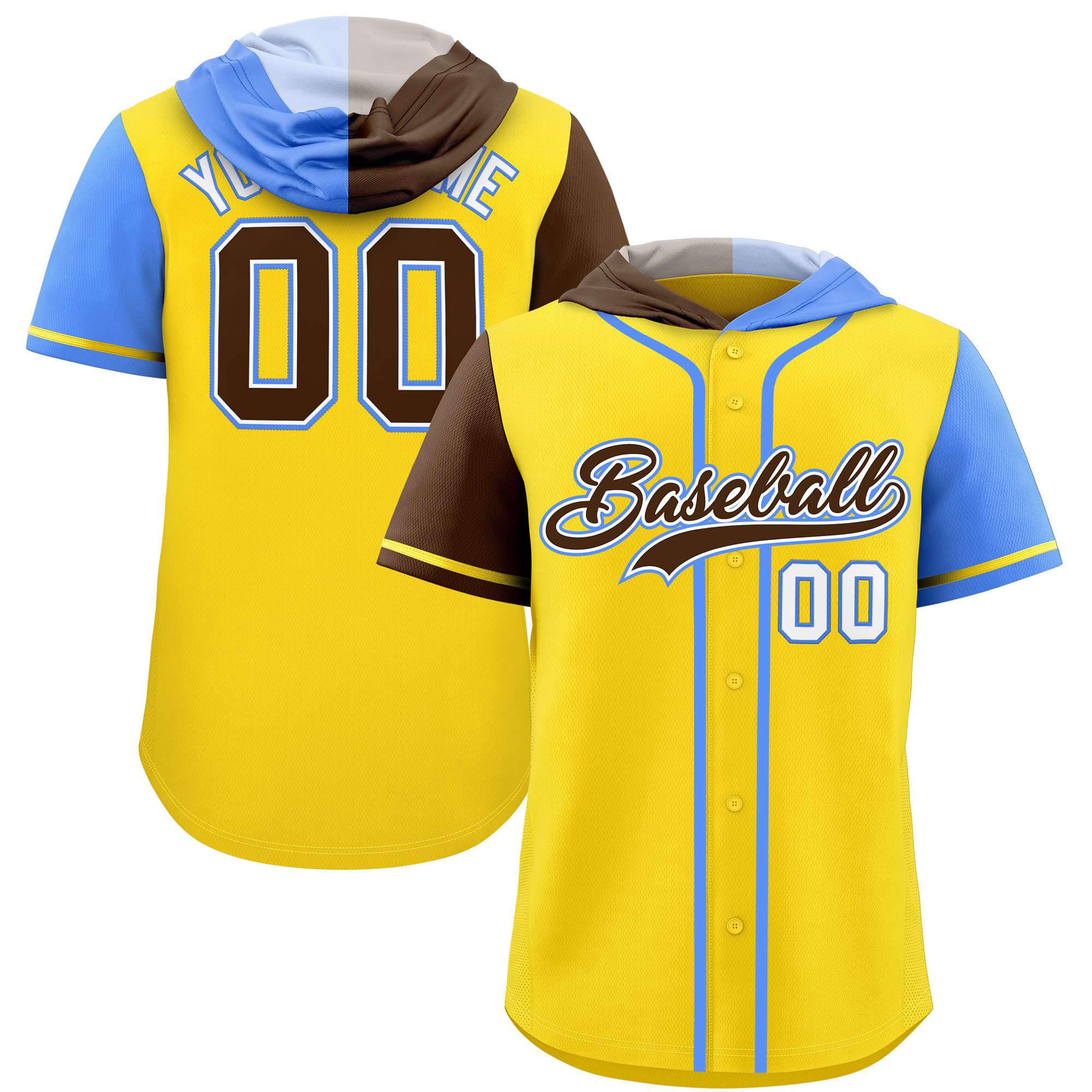 Custom Gold Brown and Powder Blue Split Fashion Raglan Sleeves Authentic Baseball Hoodie Jersey
