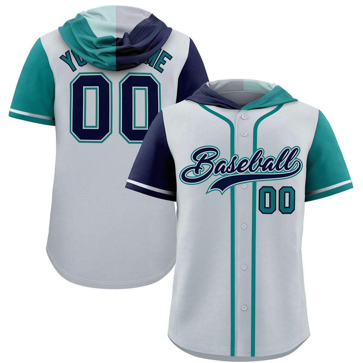 Custom Silver Navy and Aqua Split Fashion Raglan Sleeves Authentic Baseball Hoodie Jersey