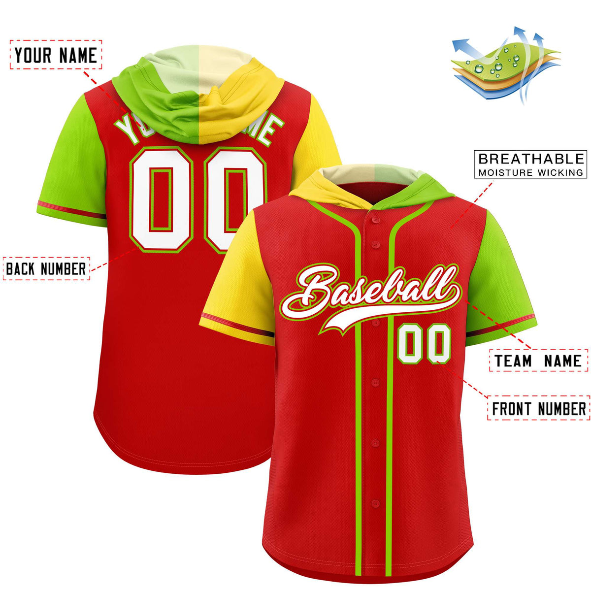 Custom Red Gold and Neon Green Split Fashion Raglan Sleeves Authentic Baseball Hoodie Jersey
