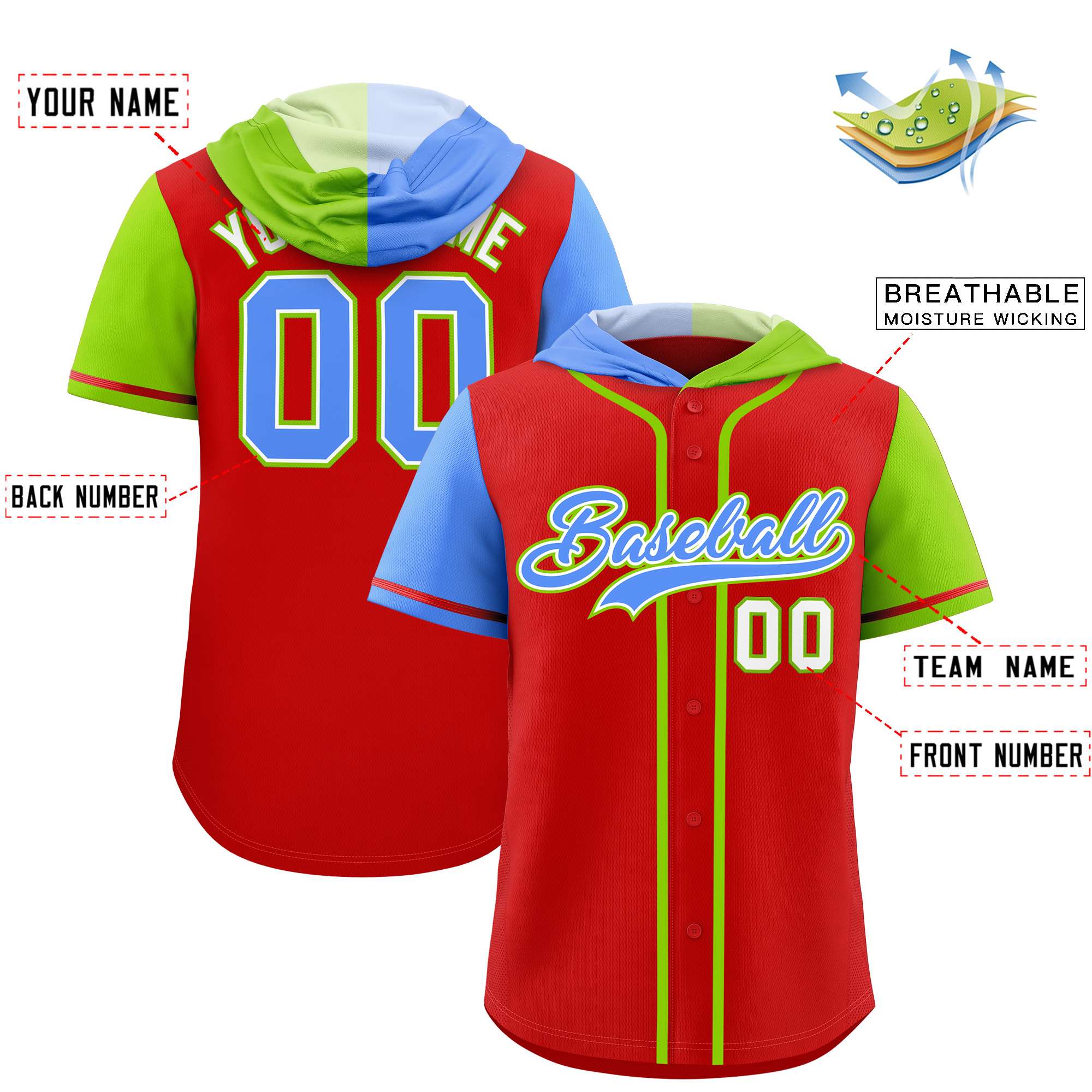 Custom Red Powder Blue and Neon Green Split Fashion Raglan Sleeves Authentic Baseball Hoodie Jersey