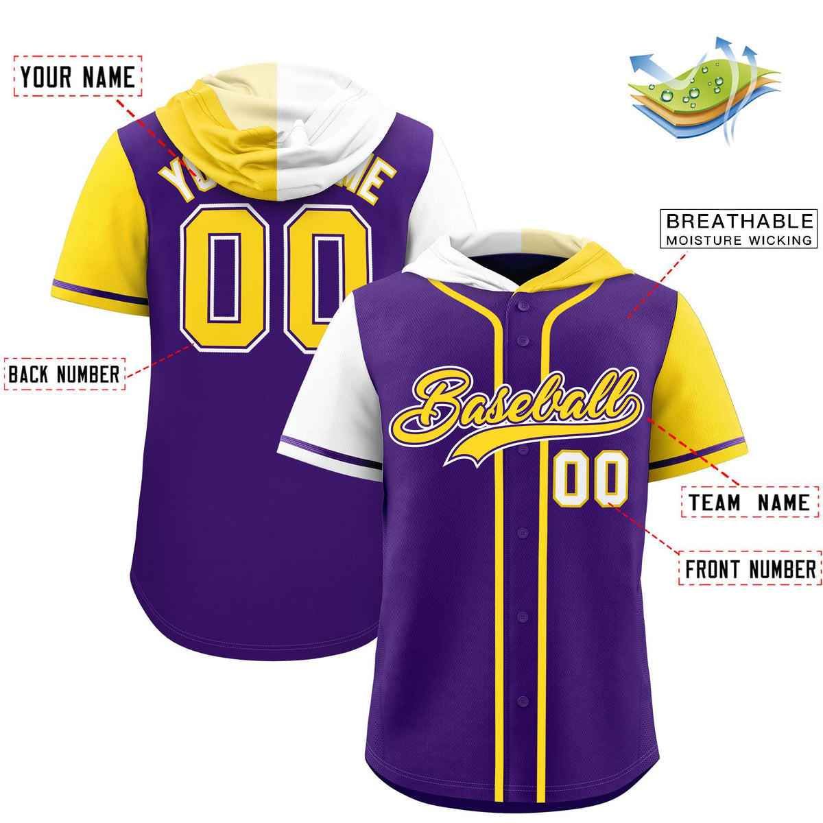 Custom Purple White and Gold Split Fashion Raglan Sleeves Authentic Baseball Hoodie Jersey