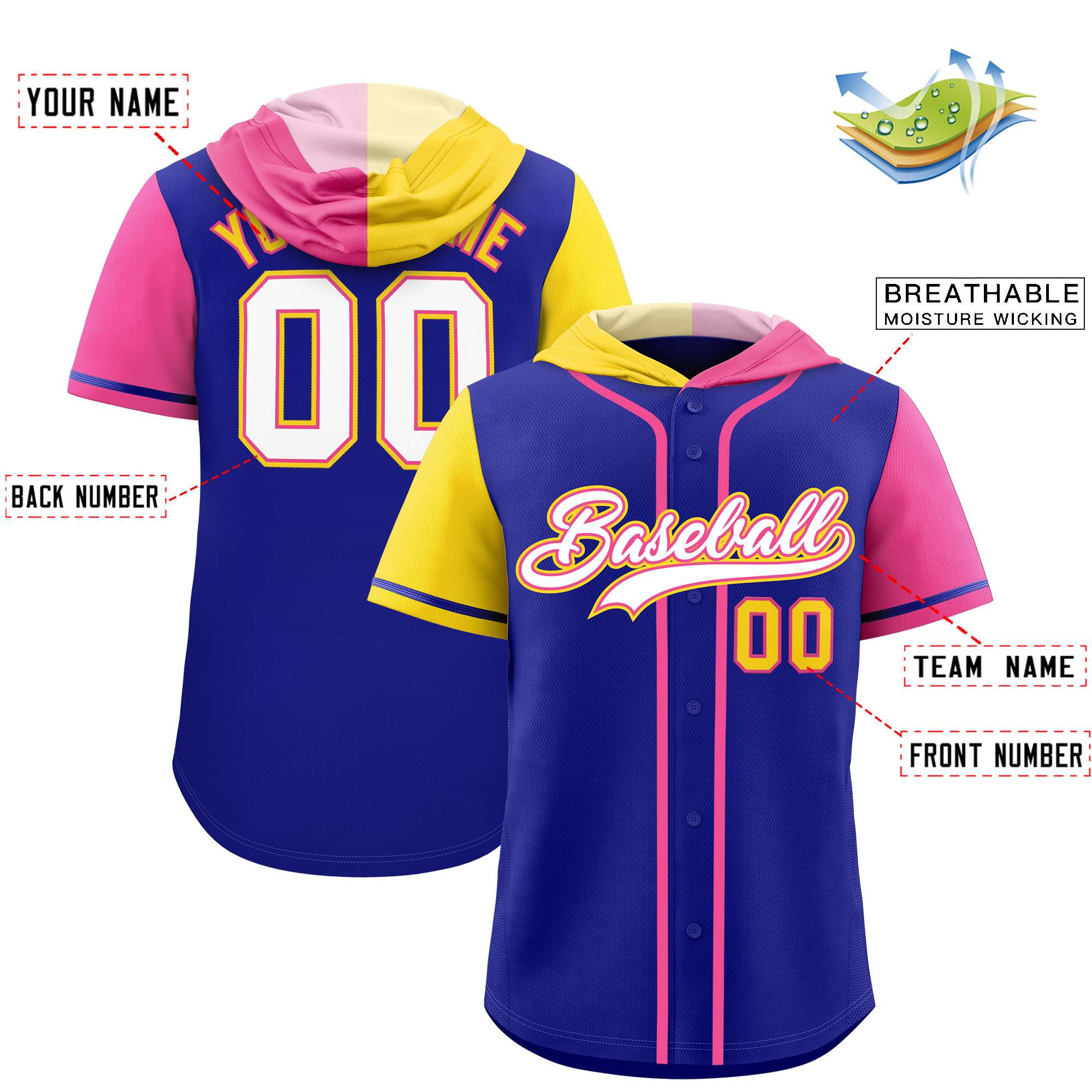 Custom Royal Gold and Pink Split Fashion Raglan Sleeves Authentic Baseball Hoodie Jersey
