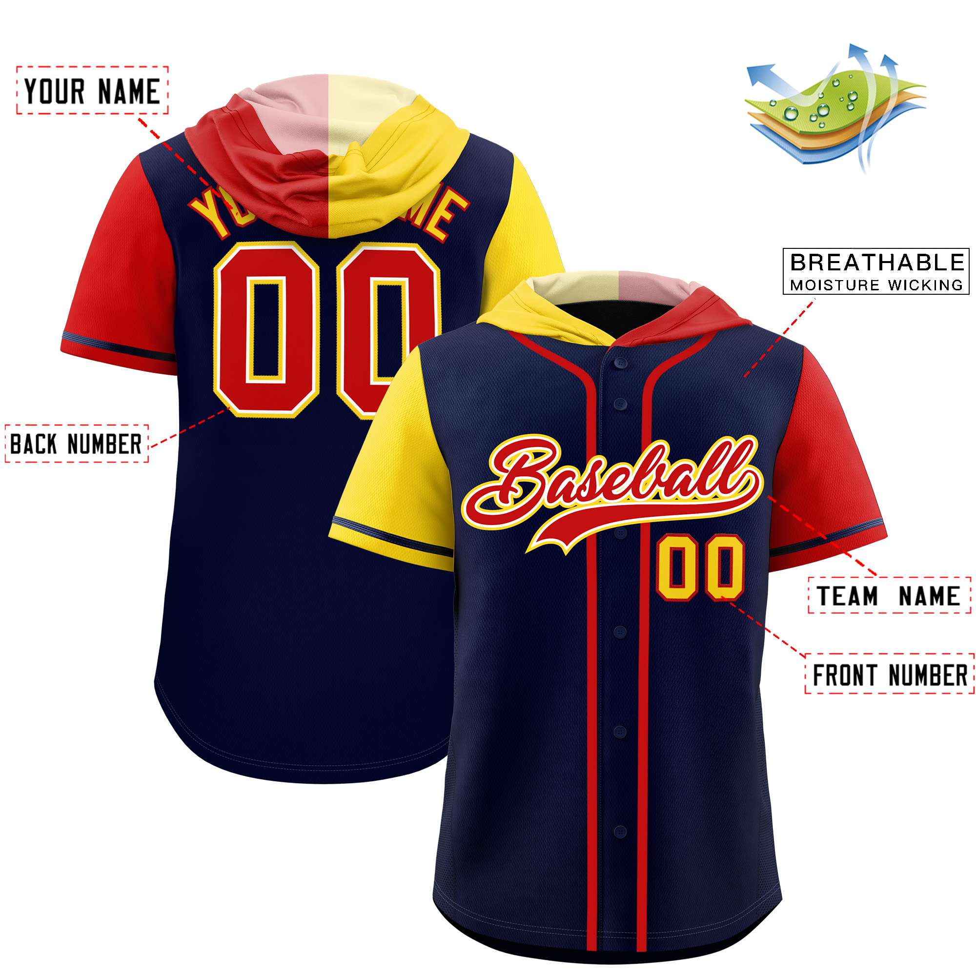 Custom Navy Gold and Red Split Fashion Raglan Sleeves Authentic Baseball Hoodie Jersey