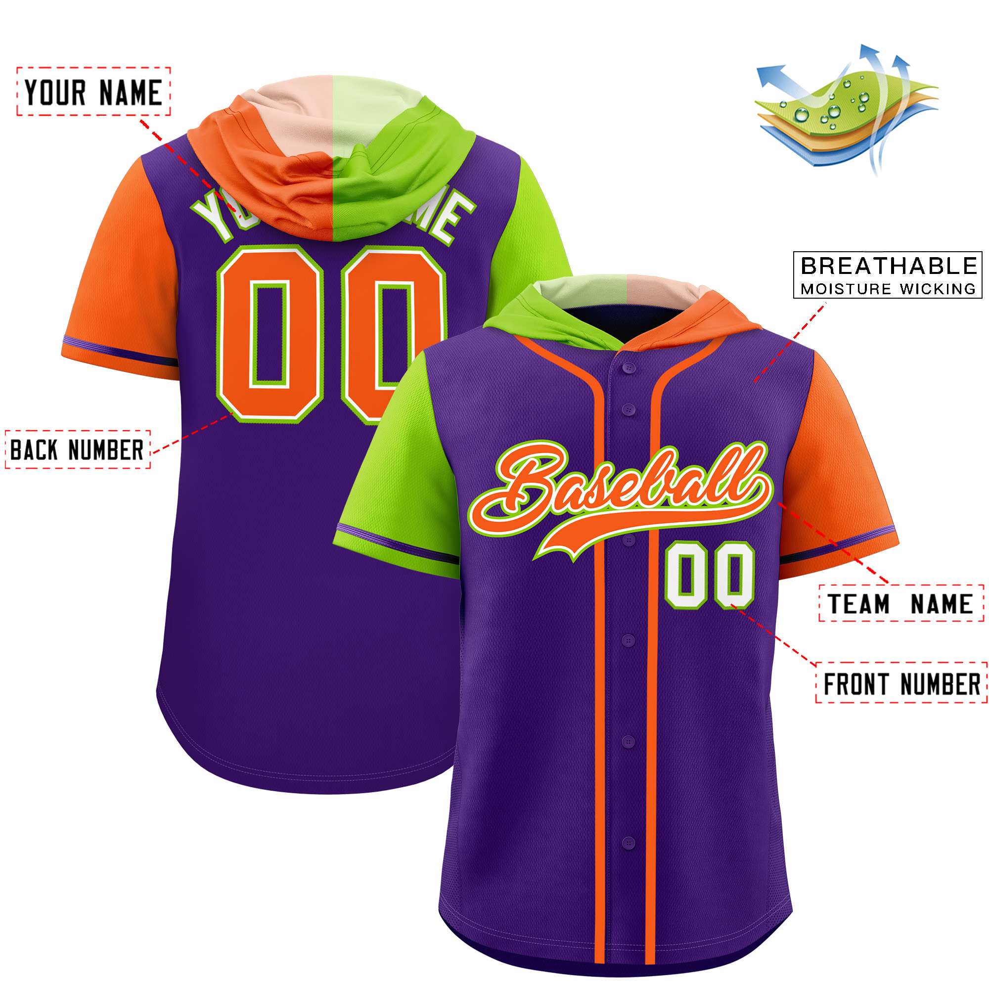 Custom Purple Neon Green and Orange Split Fashion Raglan Sleeves Authentic Baseball Hoodie Jersey
