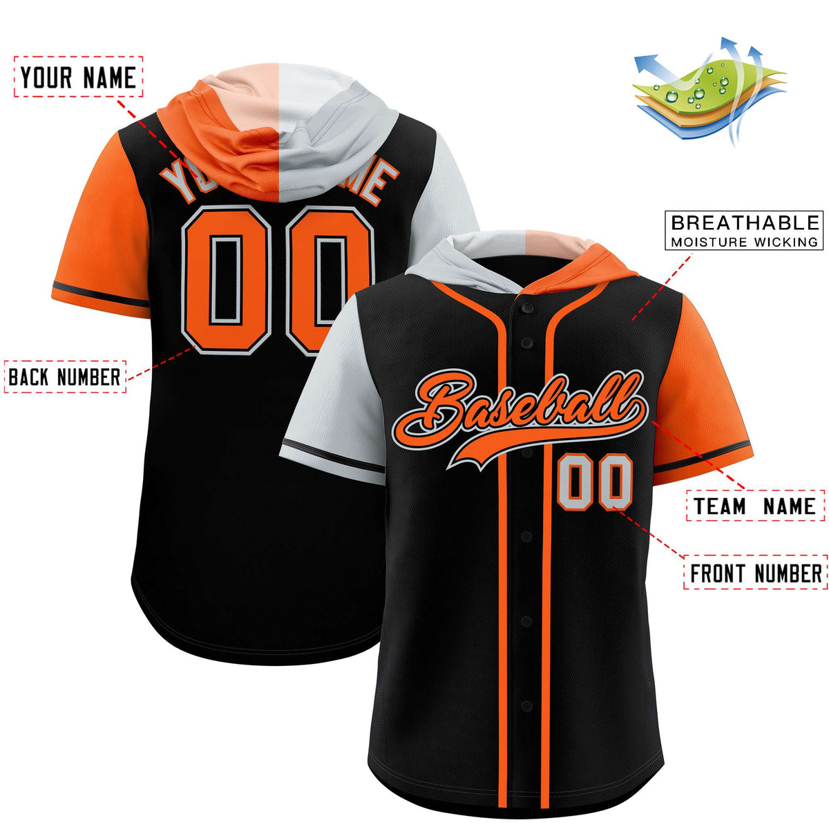 Custom Black Silver and Orange Split Fashion Raglan Sleeves Authentic Baseball Hoodie Jersey