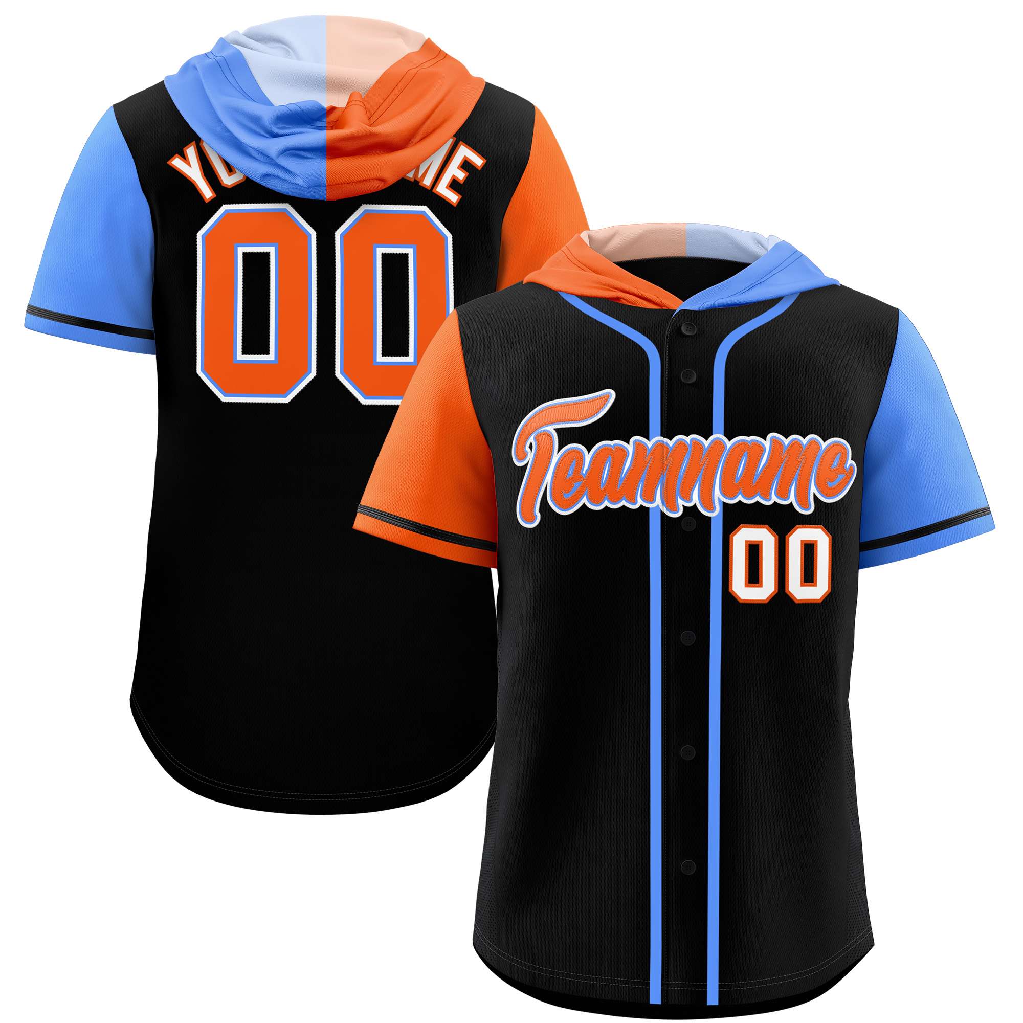Custom Black Orange and Powder Blue Split Fashion Raglan Sleeves Authentic Baseball Hoodie Jersey