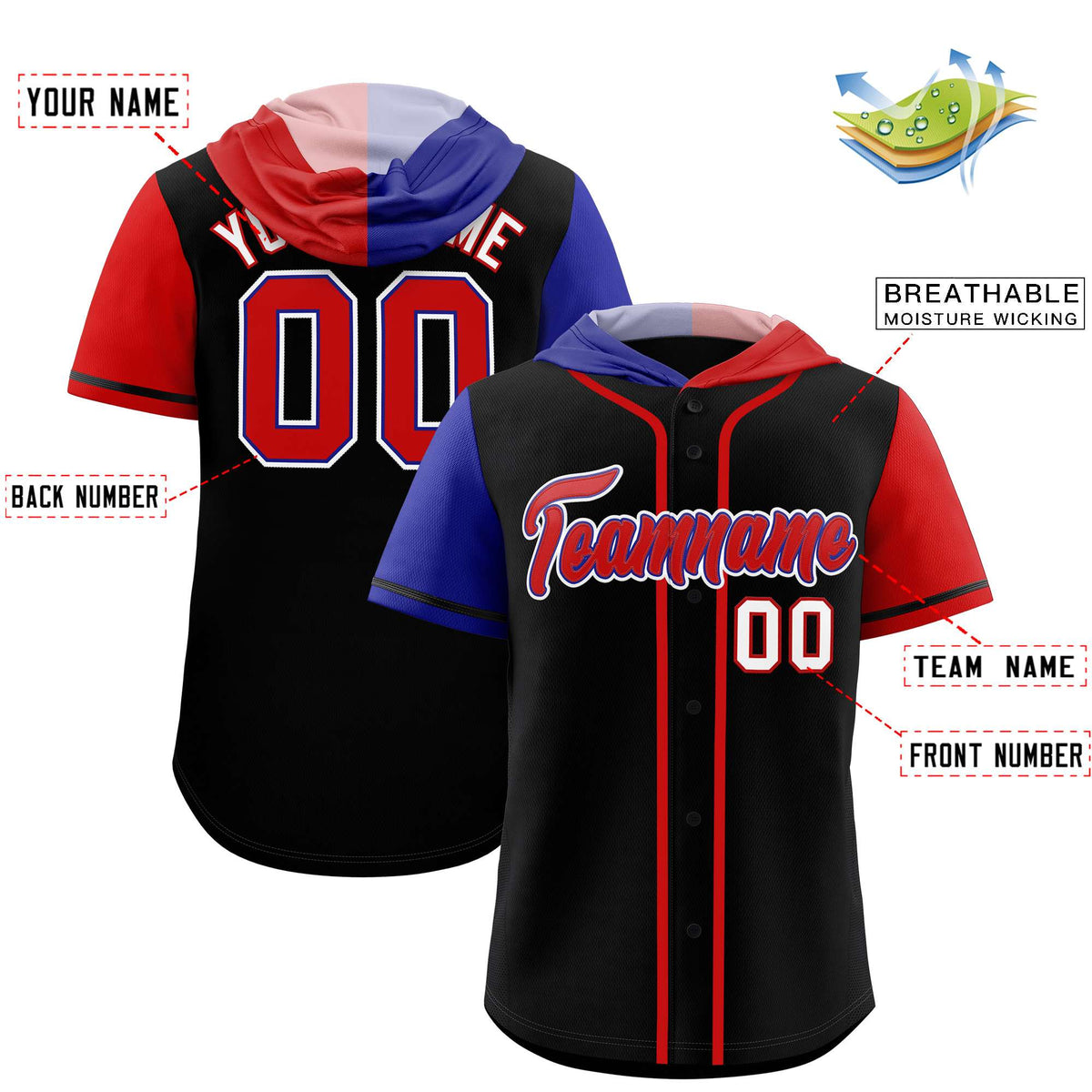 Custom Black Royal and Red Split Fashion Raglan Sleeves Authentic Baseball Hoodie Jersey