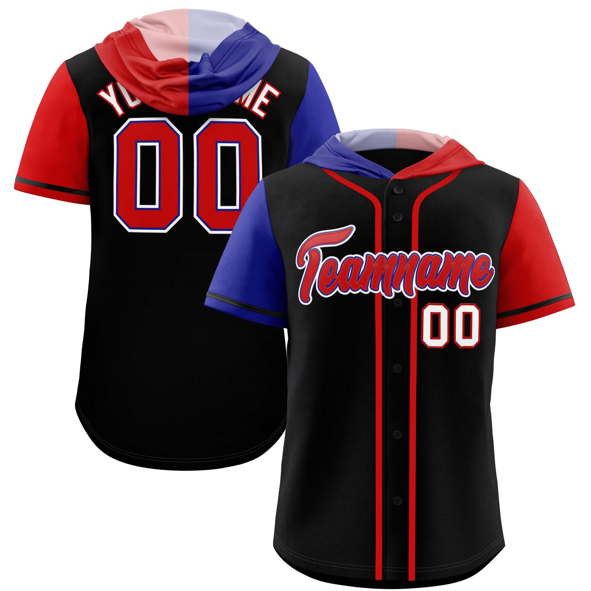 Custom Black Royal and Red Split Fashion Raglan Sleeves Authentic Baseball Hoodie Jersey
