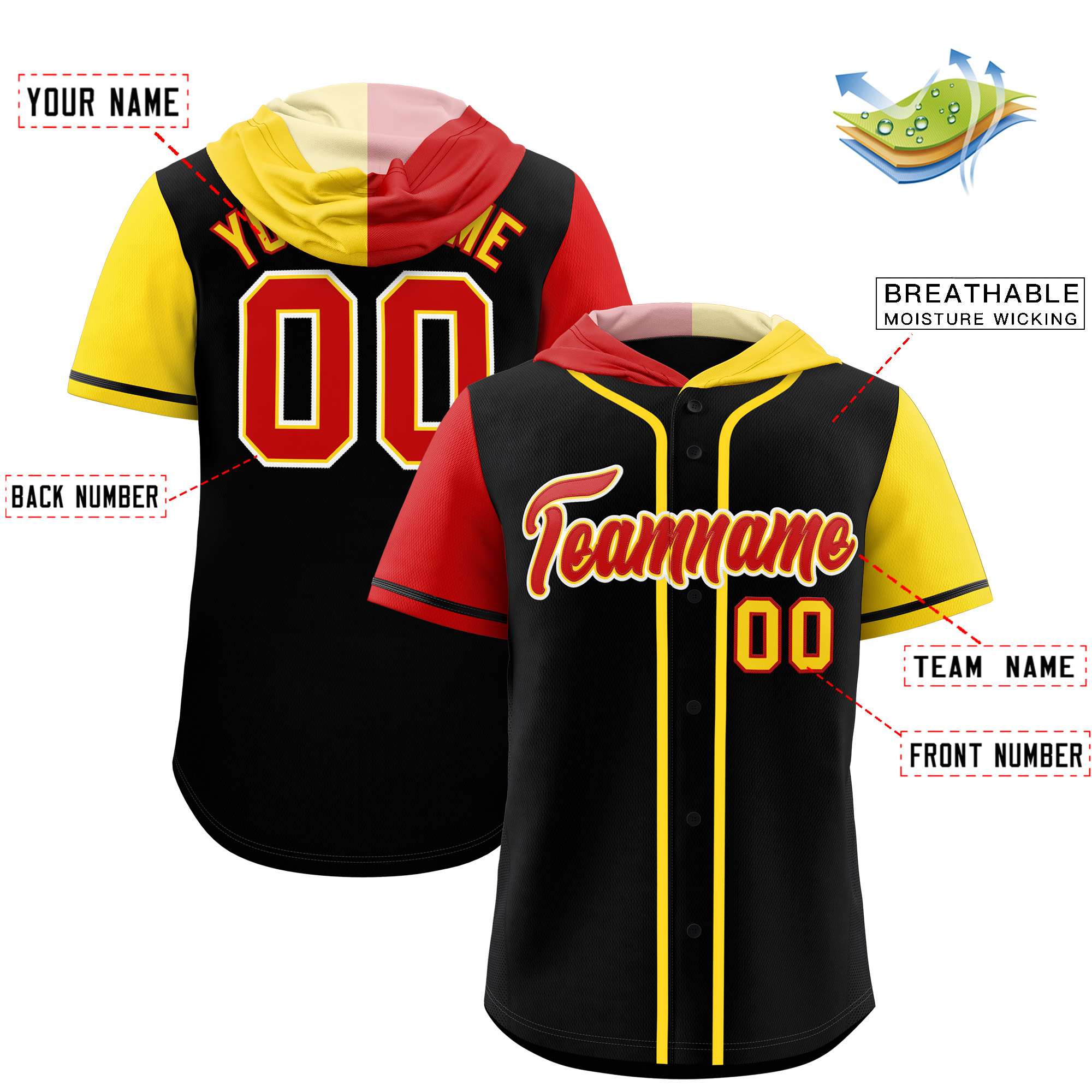 Custom Black Red and Gold Split Fashion Raglan Sleeves Authentic Baseball Hoodie Jersey