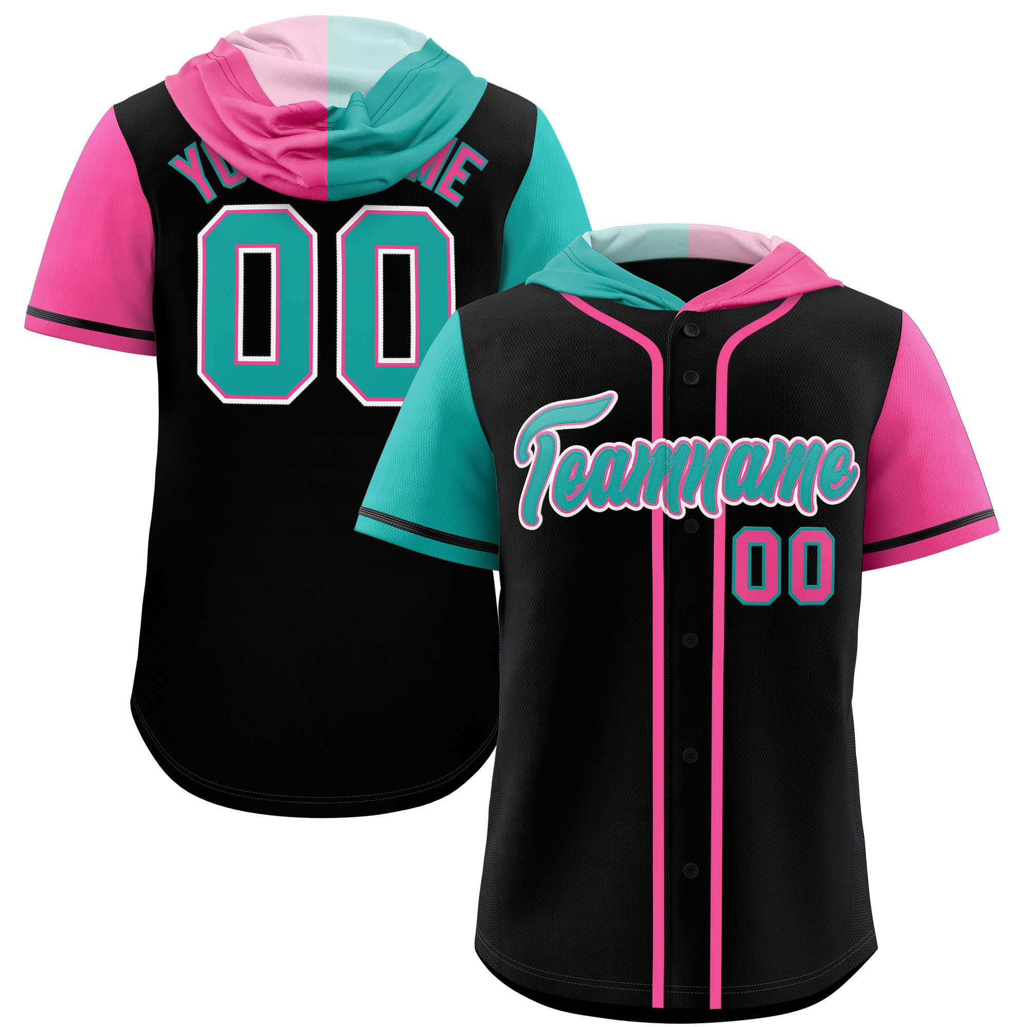 Custom Black Aqua and Pink Split Fashion Raglan Sleeves Authentic Baseball Hoodie Jersey