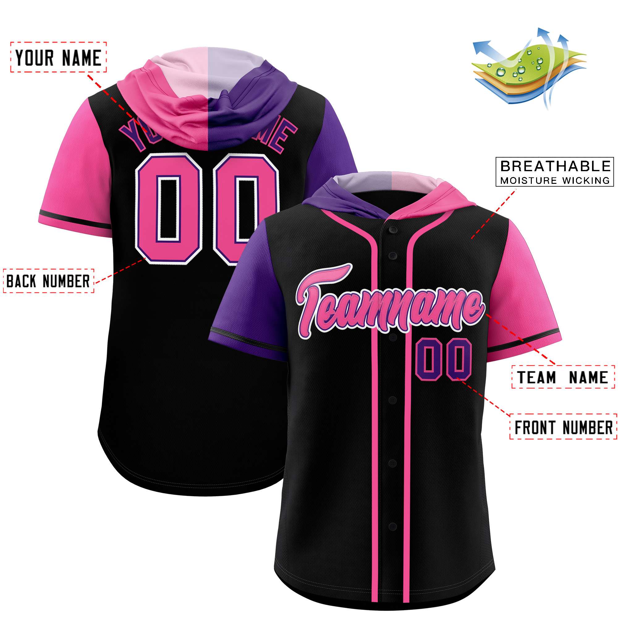 Custom Black Purple and Pink Split Fashion Raglan Sleeves Authentic Baseball Hoodie Jersey