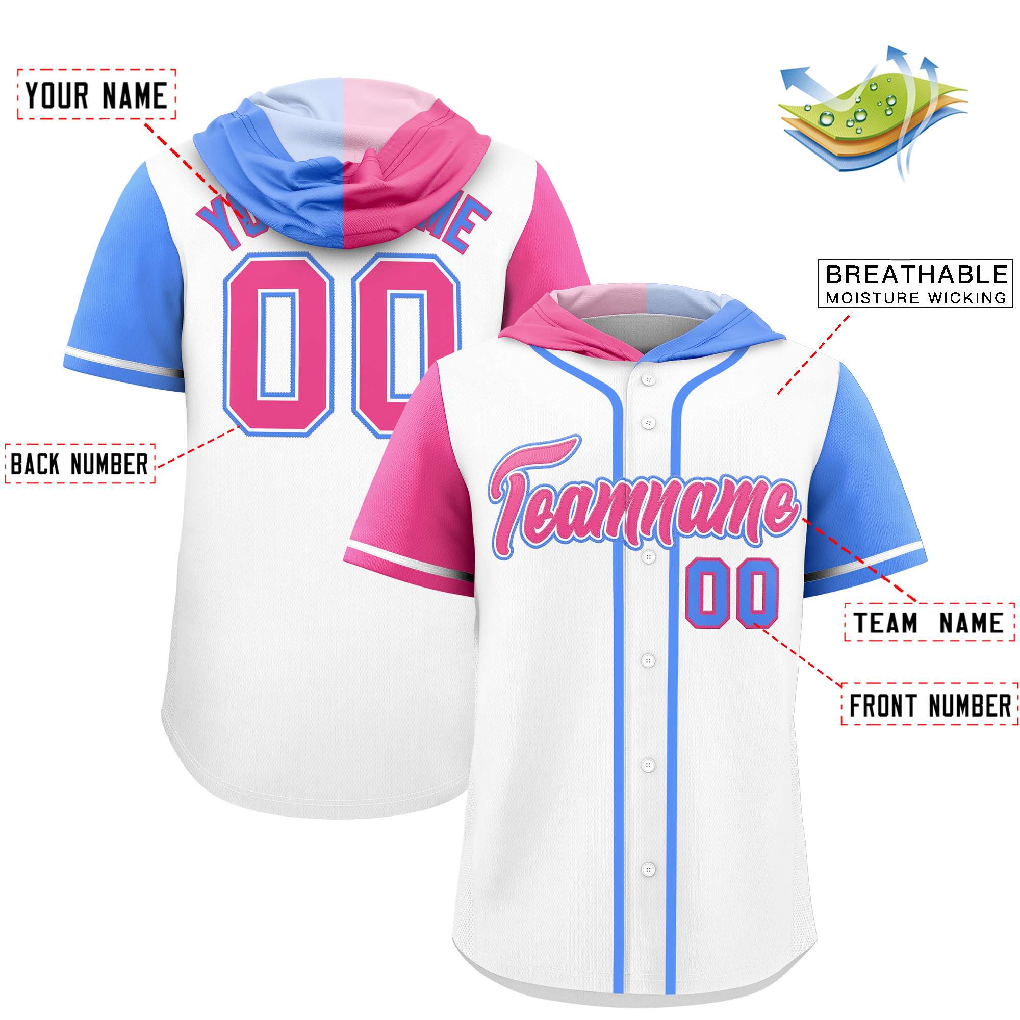 Custom White Pink and Powder Blue Split Fashion Raglan Sleeves Authentic Baseball Hoodie Jersey