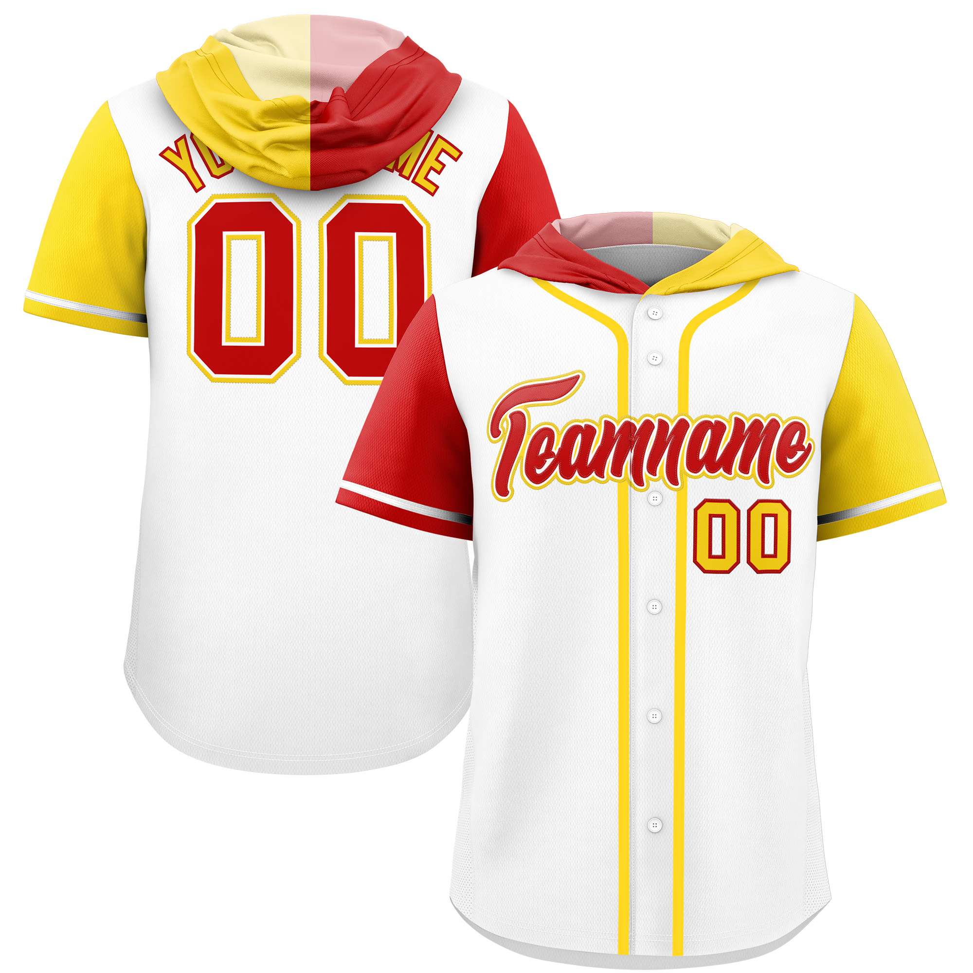 Custom White Red and Gold Split Fashion Raglan Sleeves Authentic Baseball Hoodie Jersey