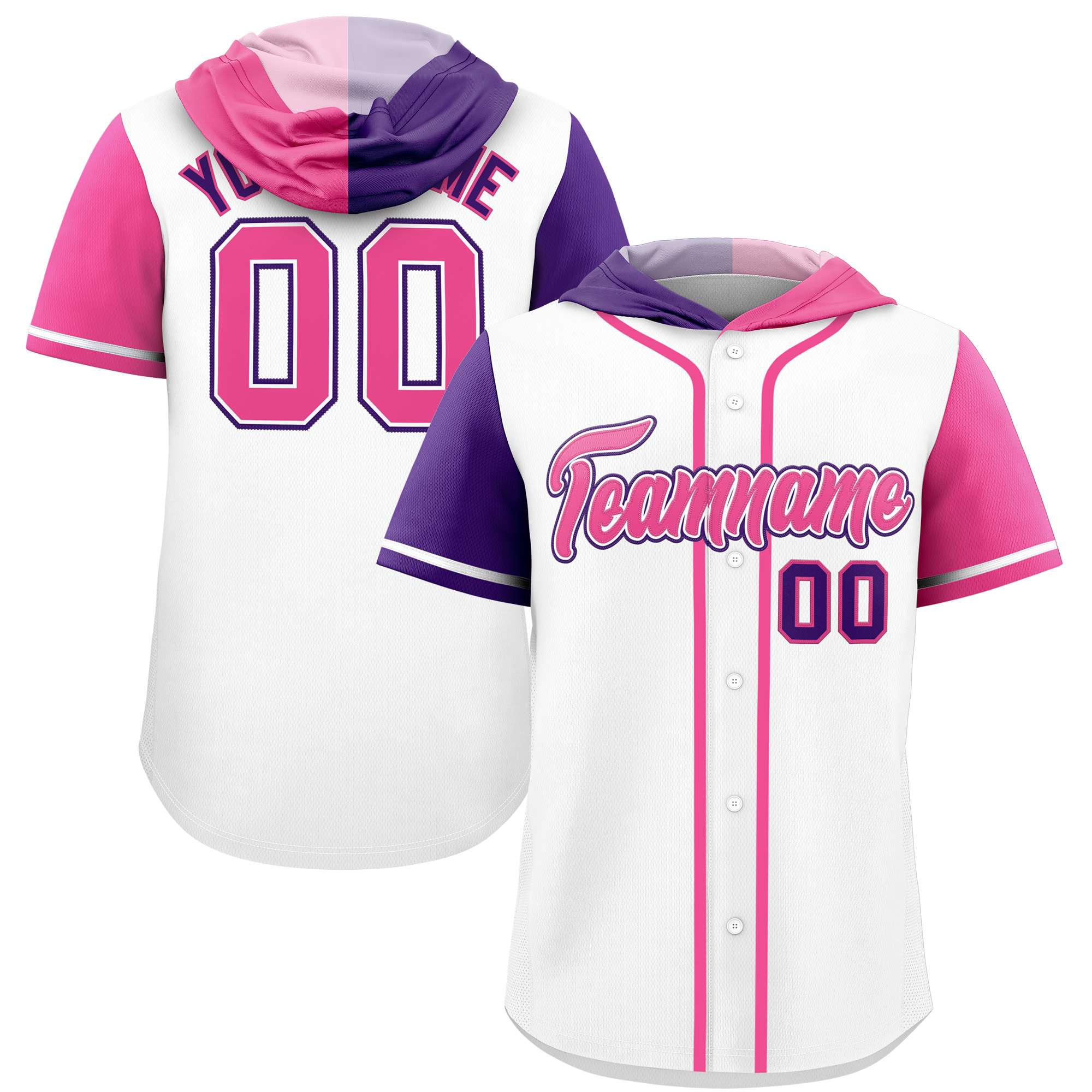 Custom White Purple and Pink Split Fashion Raglan Sleeves Authentic Baseball Hoodie Jersey