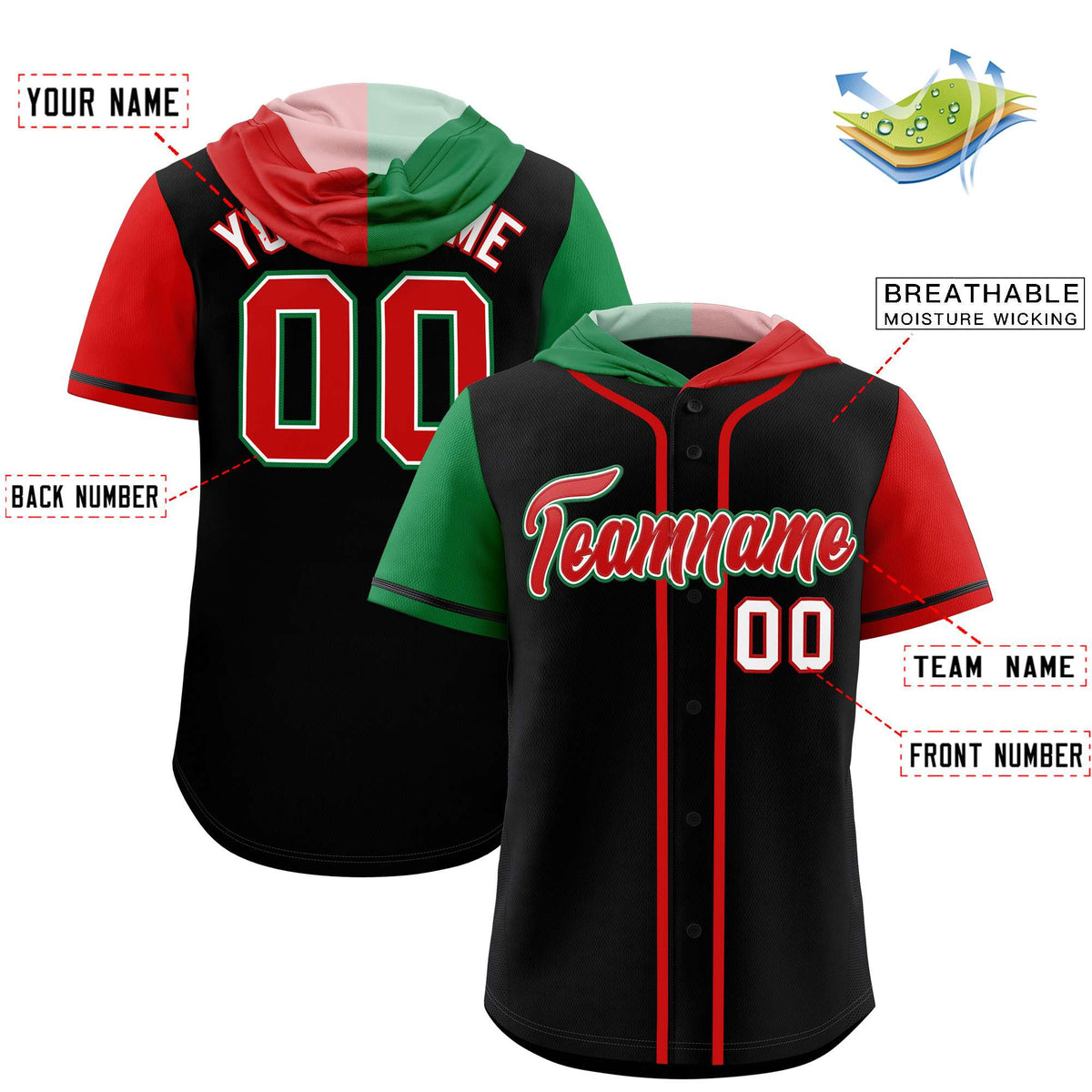 Custom Black Kelly Green and Red Split Fashion Raglan Sleeves Authentic Baseball Hoodie Jersey