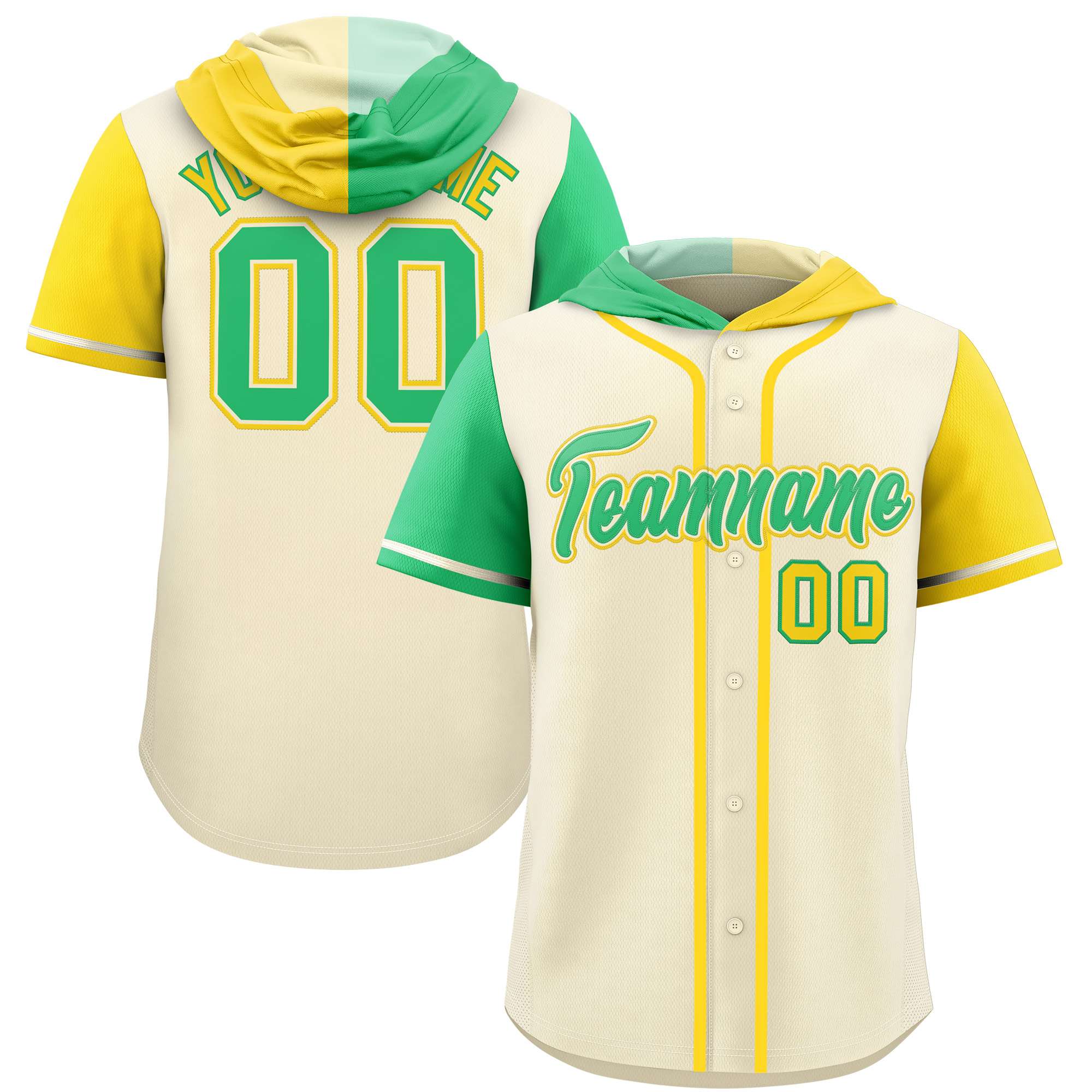 Custom Cream Bright Green and Gold Split Fashion Raglan Sleeves Authentic Baseball Hoodie Jersey