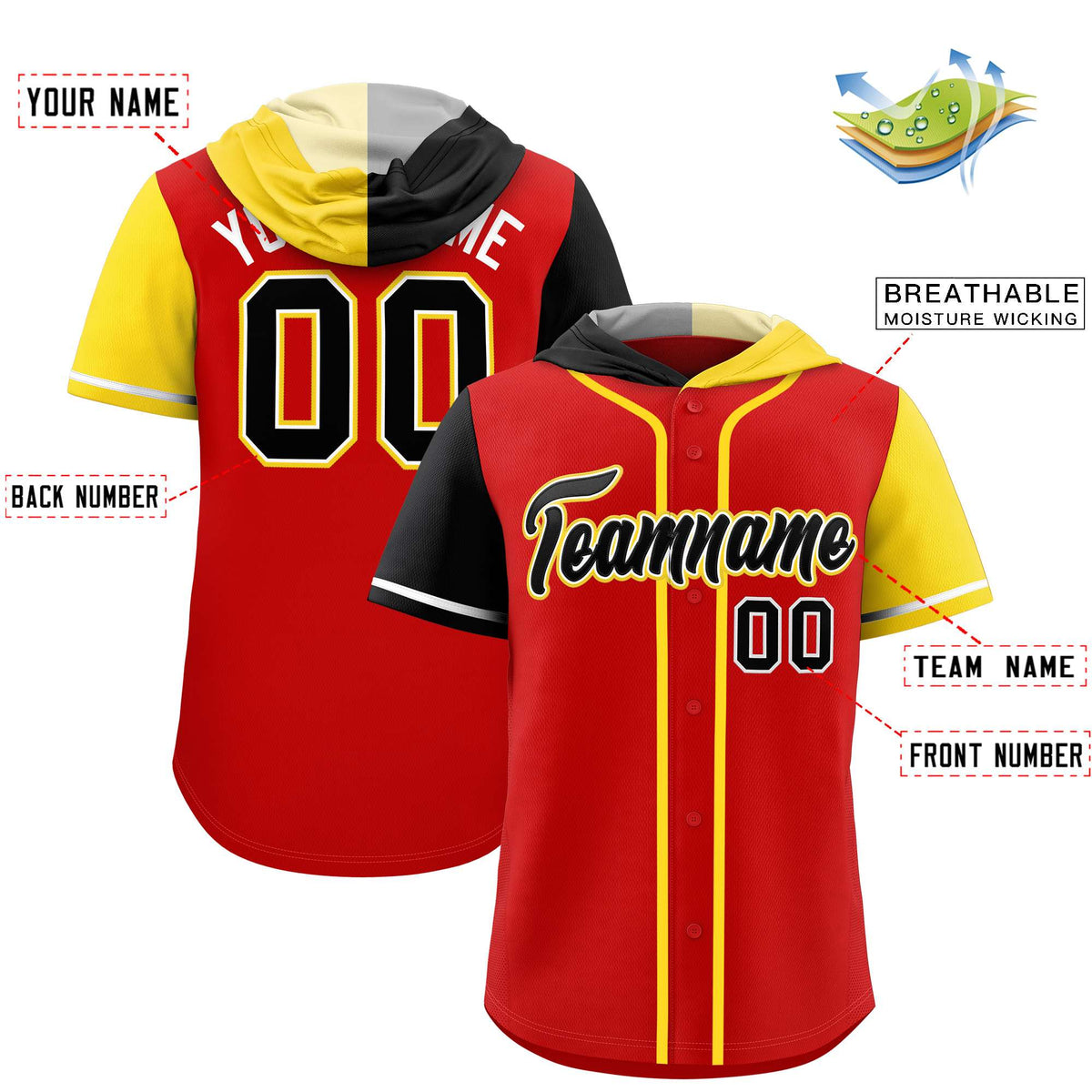 Custom Red Black and Gold Split Fashion Raglan Sleeves Authentic Baseball Hoodie Jersey