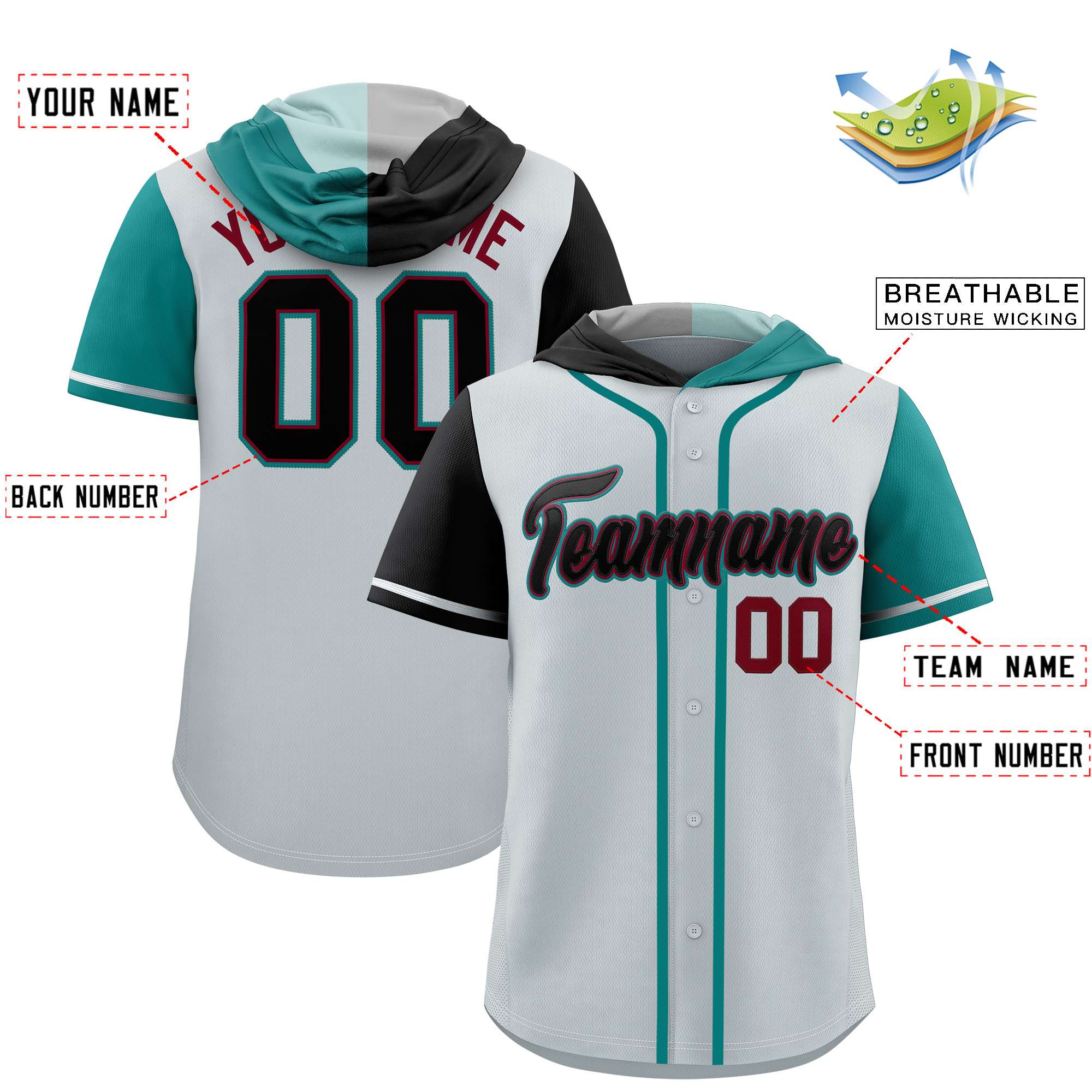 Custom Silver Black and Aqua Split Fashion Raglan Sleeves Authentic Baseball Hoodie Jersey
