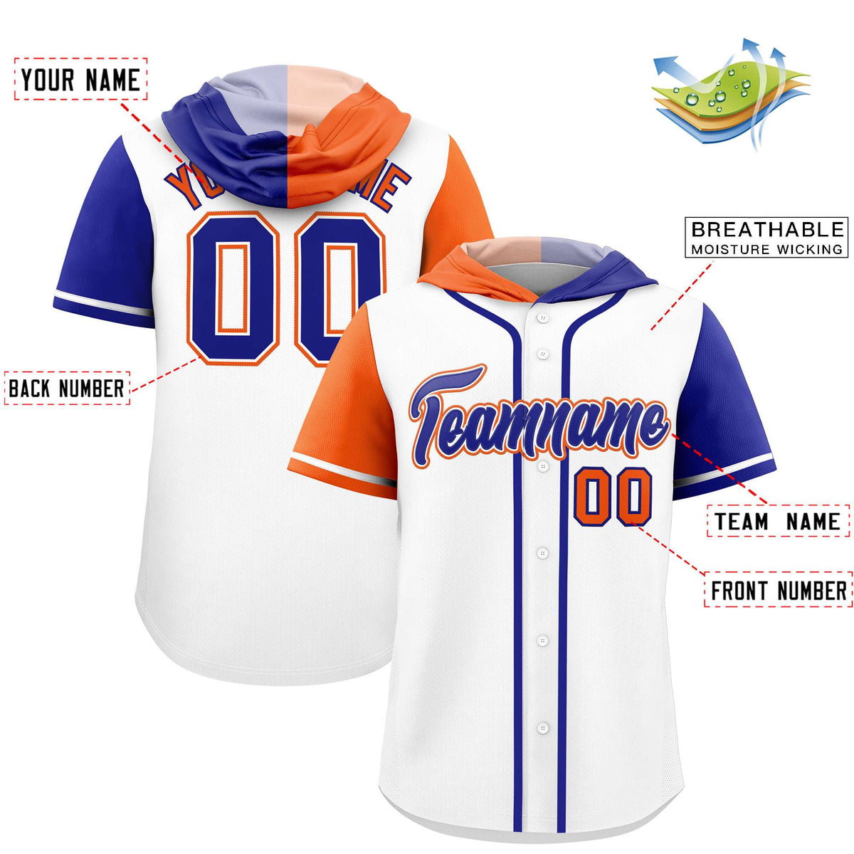 Custom White Orange and Royal Split Fashion Raglan Sleeves Authentic Baseball Hoodie Jersey