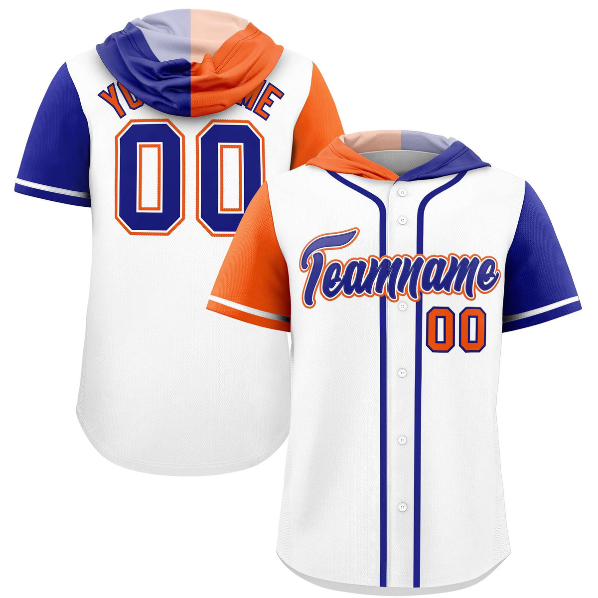 Custom White Orange and Royal Split Fashion Raglan Sleeves Authentic Baseball Hoodie Jersey