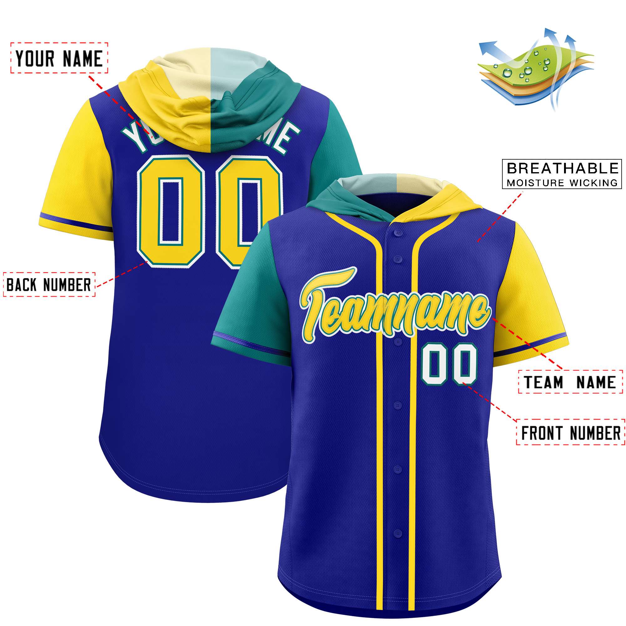 Custom Royal Aqua and Gold Split Fashion Raglan Sleeves Authentic Baseball Hoodie Jersey