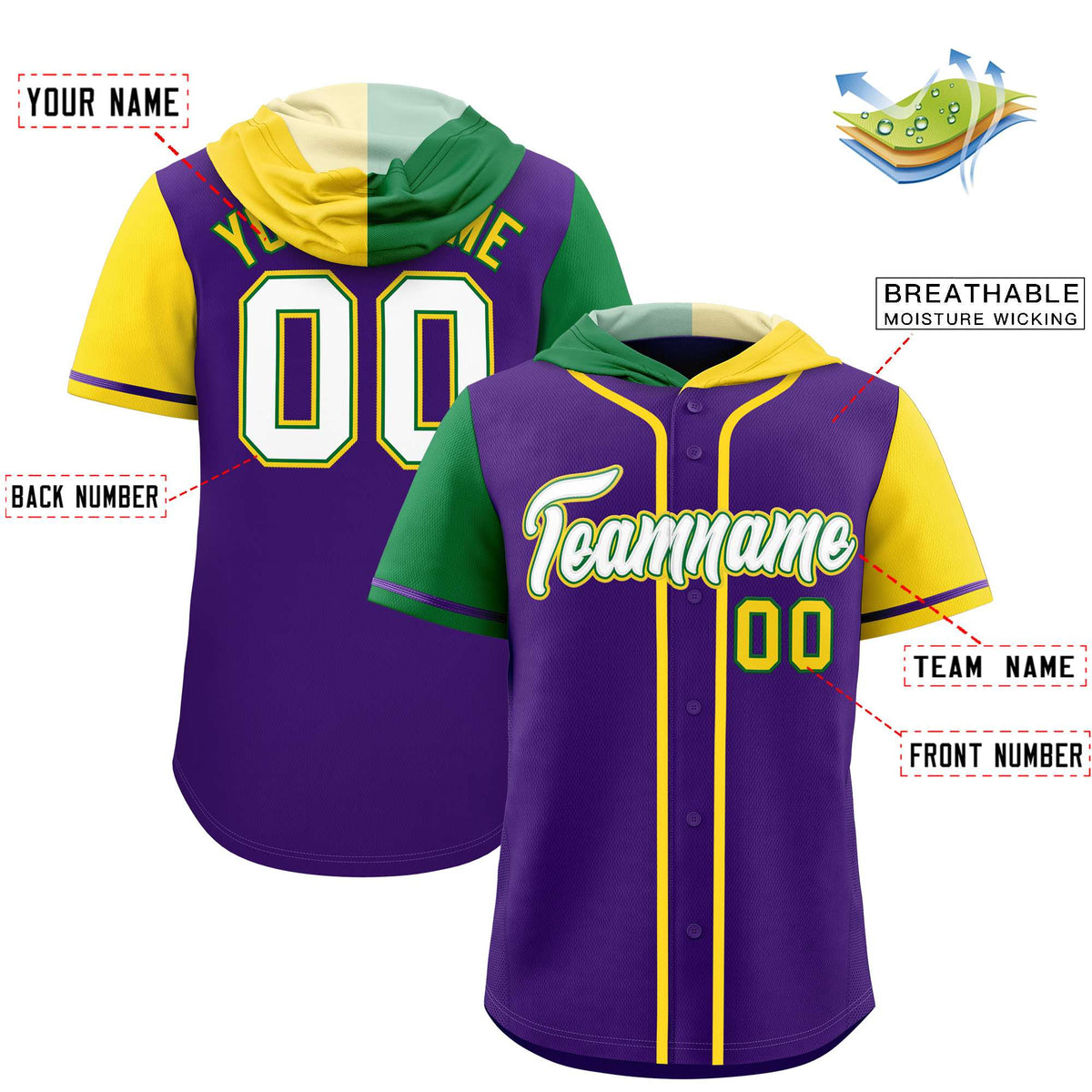 Custom Purple Kelly Green and Gold Split Fashion Raglan Sleeves Authentic Baseball Hoodie Jersey
