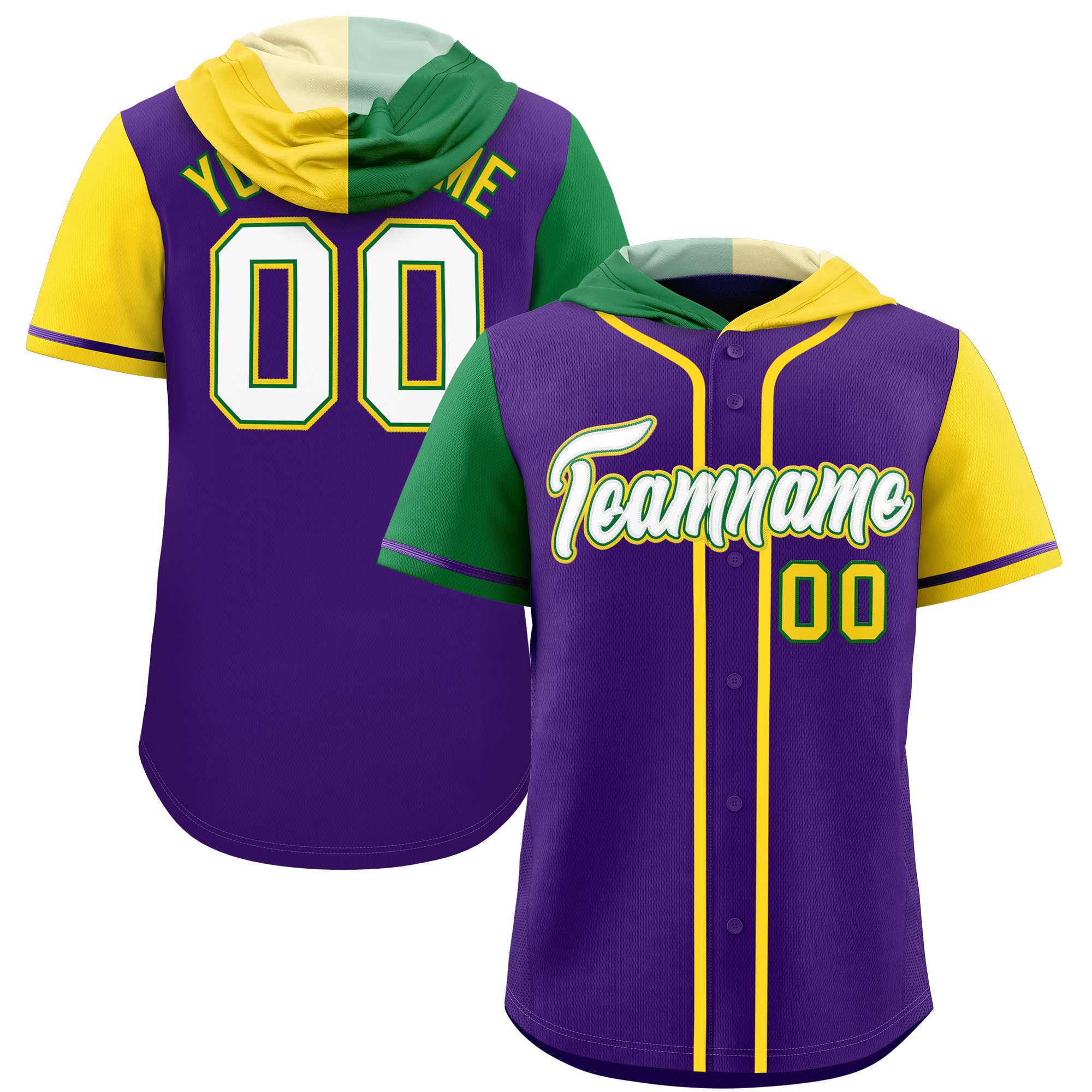 Custom Purple Kelly Green and Gold Split Fashion Raglan Sleeves Authentic Baseball Hoodie Jersey