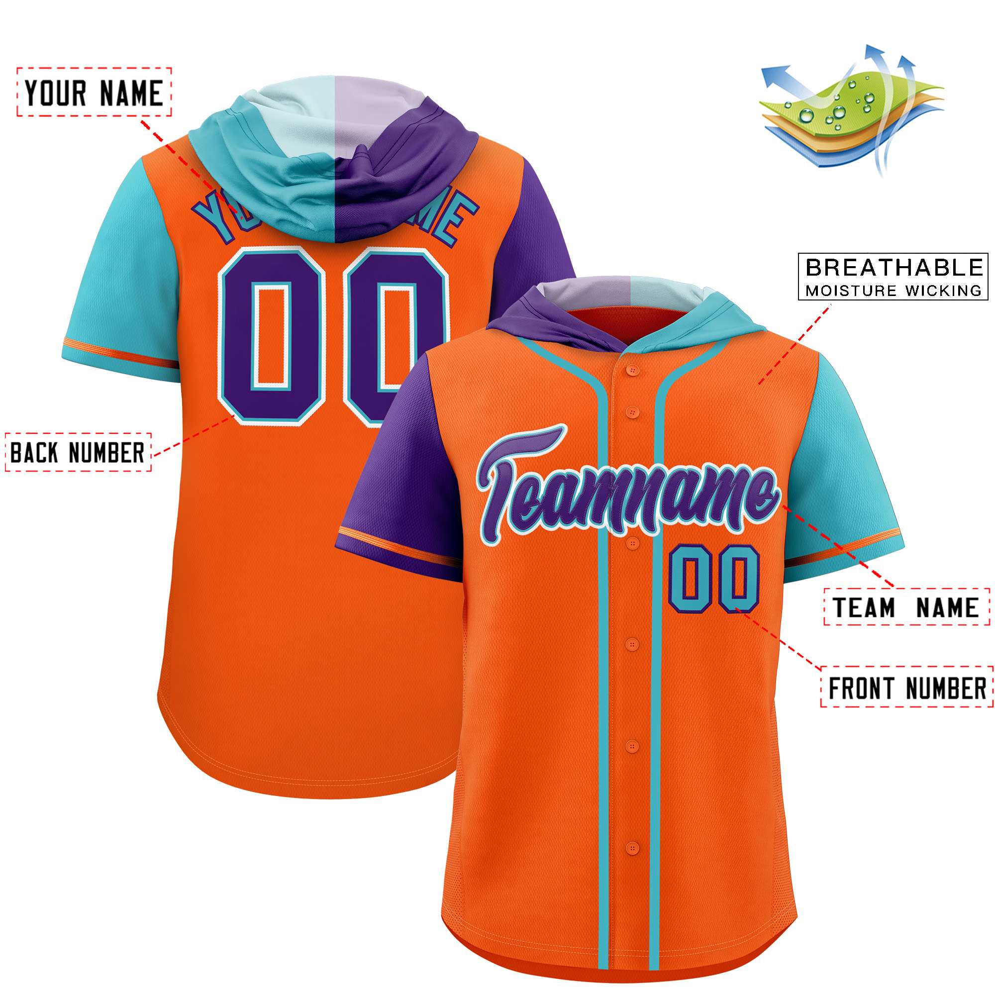 Custom Orange Purple and Sky Blue Split Fashion Raglan Sleeves Authentic Baseball Hoodie Jersey