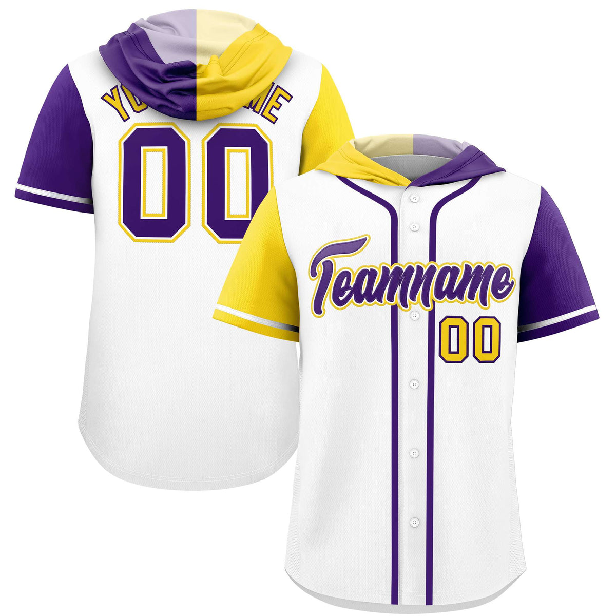 Custom White Gold and Purple Split Fashion Raglan Sleeves Authentic Baseball Hoodie Jersey