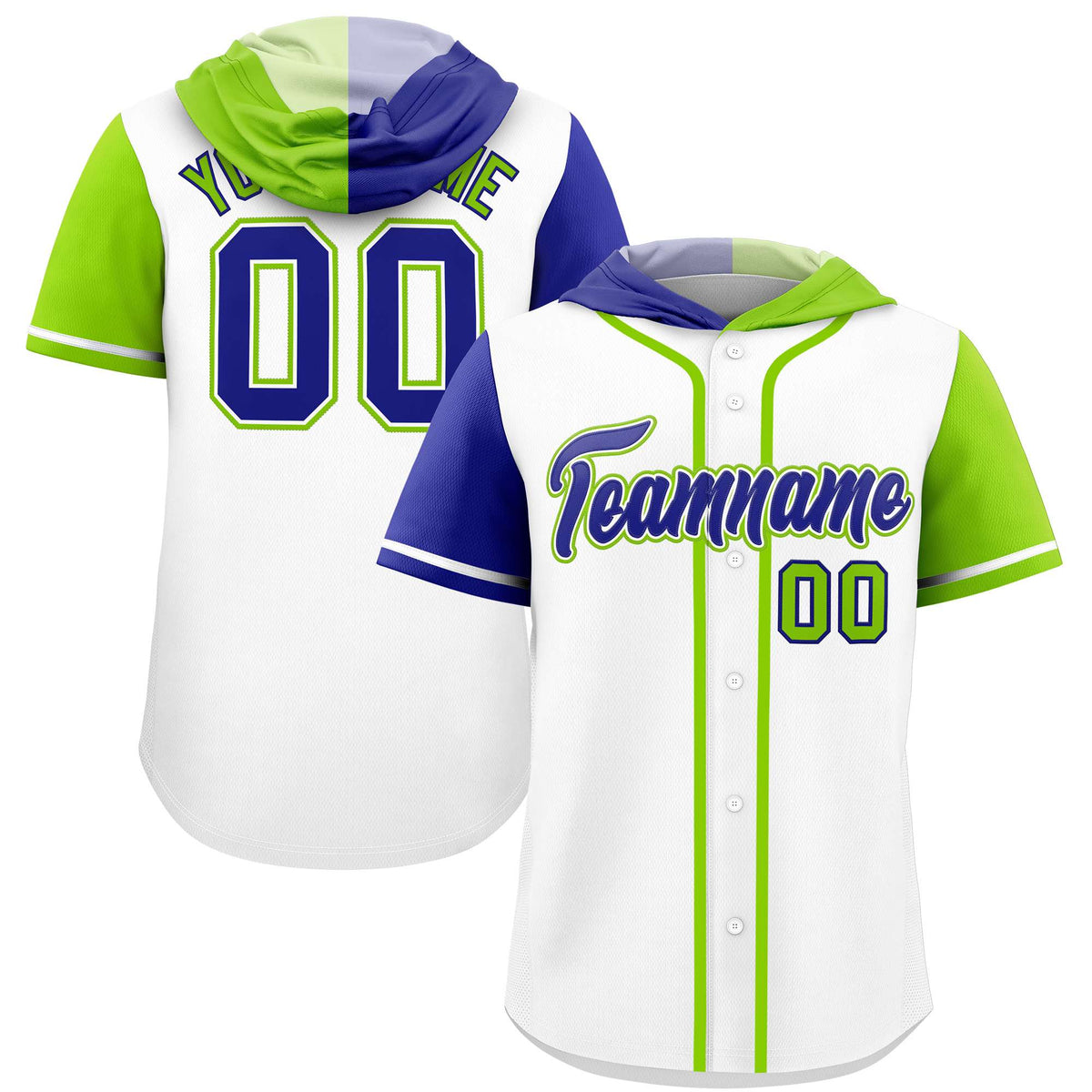 Custom White Royal and Neon Green Split Fashion Raglan Sleeves Authentic Baseball Hoodie Jersey