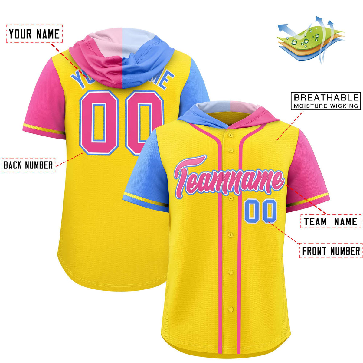 Custom Gold Powder Blue and Pink Split Fashion Raglan Sleeves Authentic Baseball Hoodie Jersey