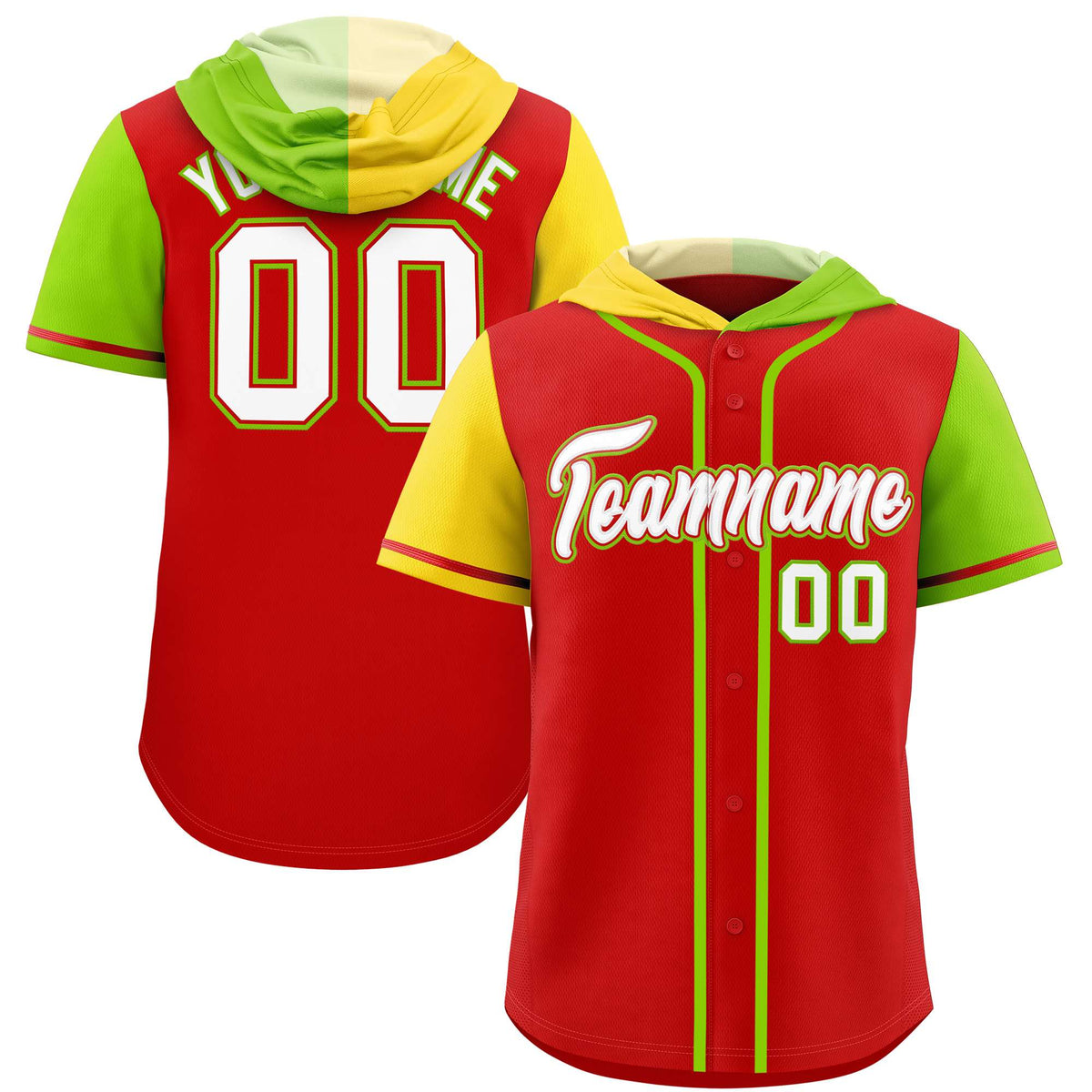 Custom Red Gold and Neon Green Split Fashion Raglan Sleeves Authentic Baseball Hoodie Jersey