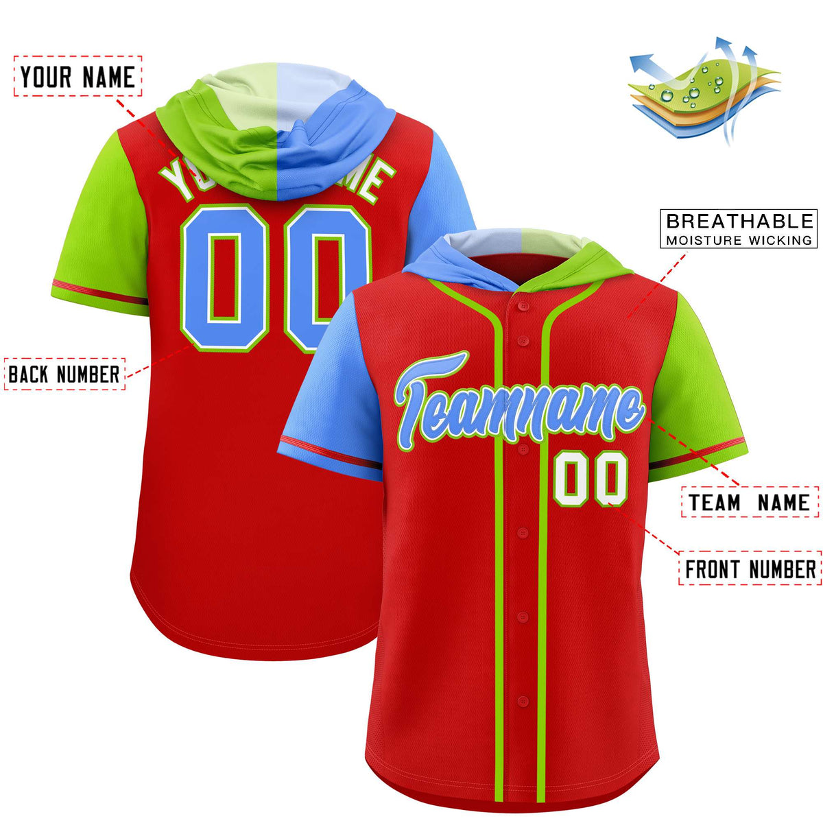 Custom Red Powder Blue and Neon Green Split Fashion Raglan Sleeves Authentic Baseball Hoodie Jersey