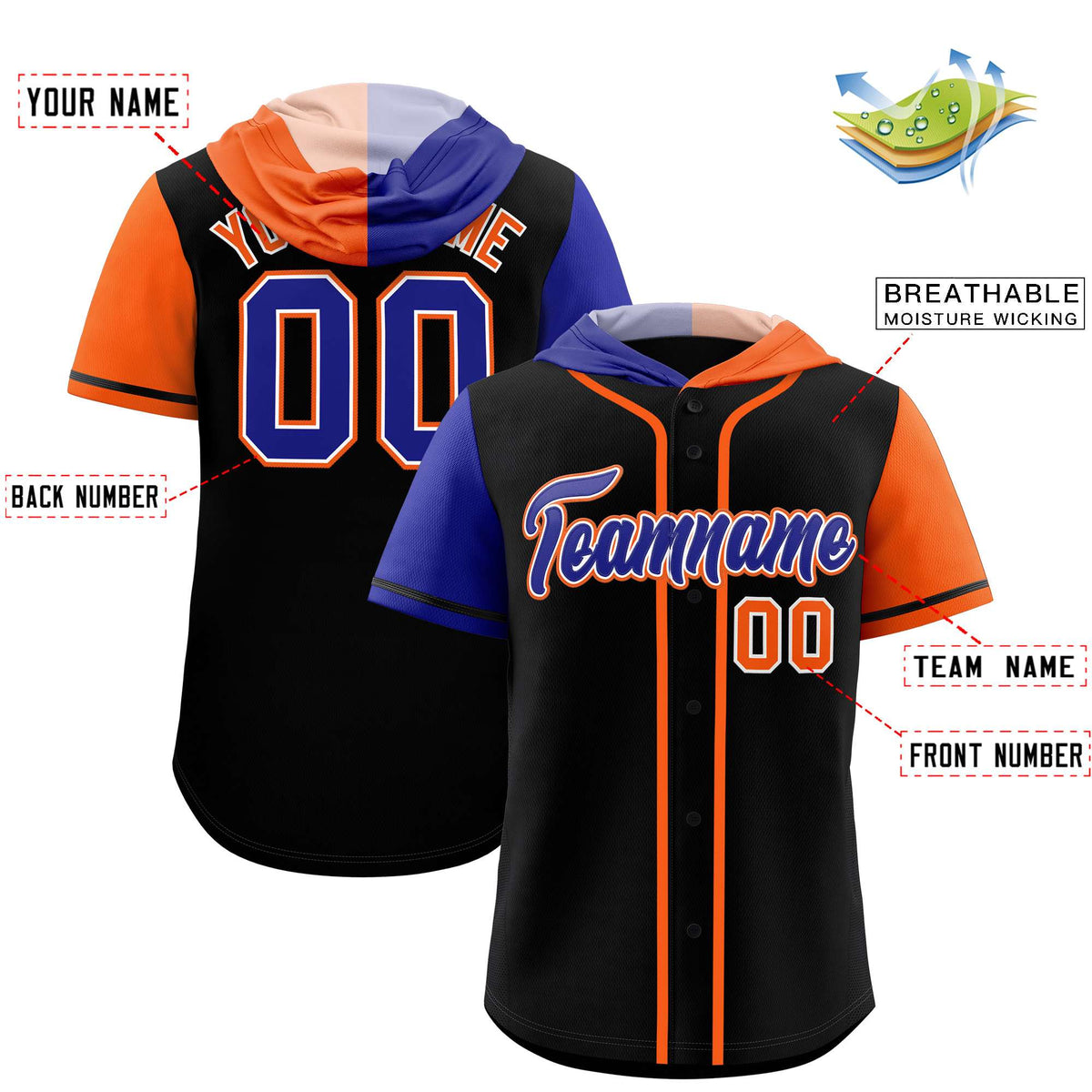 Custom Black Royal and Orange Split Fashion Raglan Sleeves Authentic Baseball Hoodie Jersey