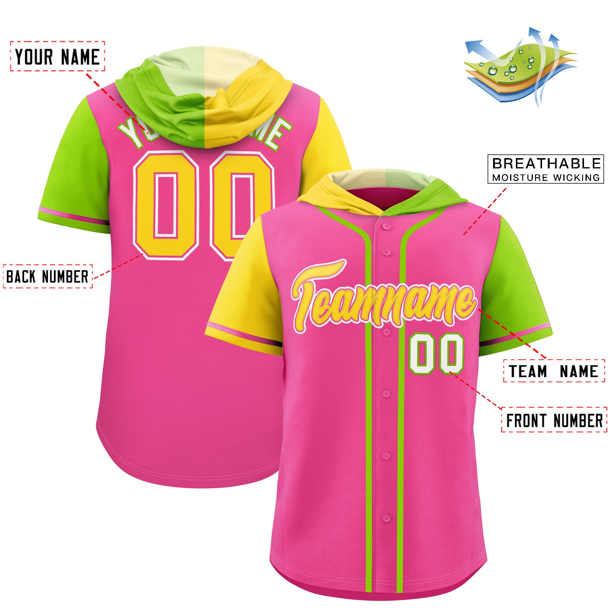 Custom Pink Gold and Neon Green Split Fashion Raglan Sleeves Authentic Baseball Hoodie Jersey