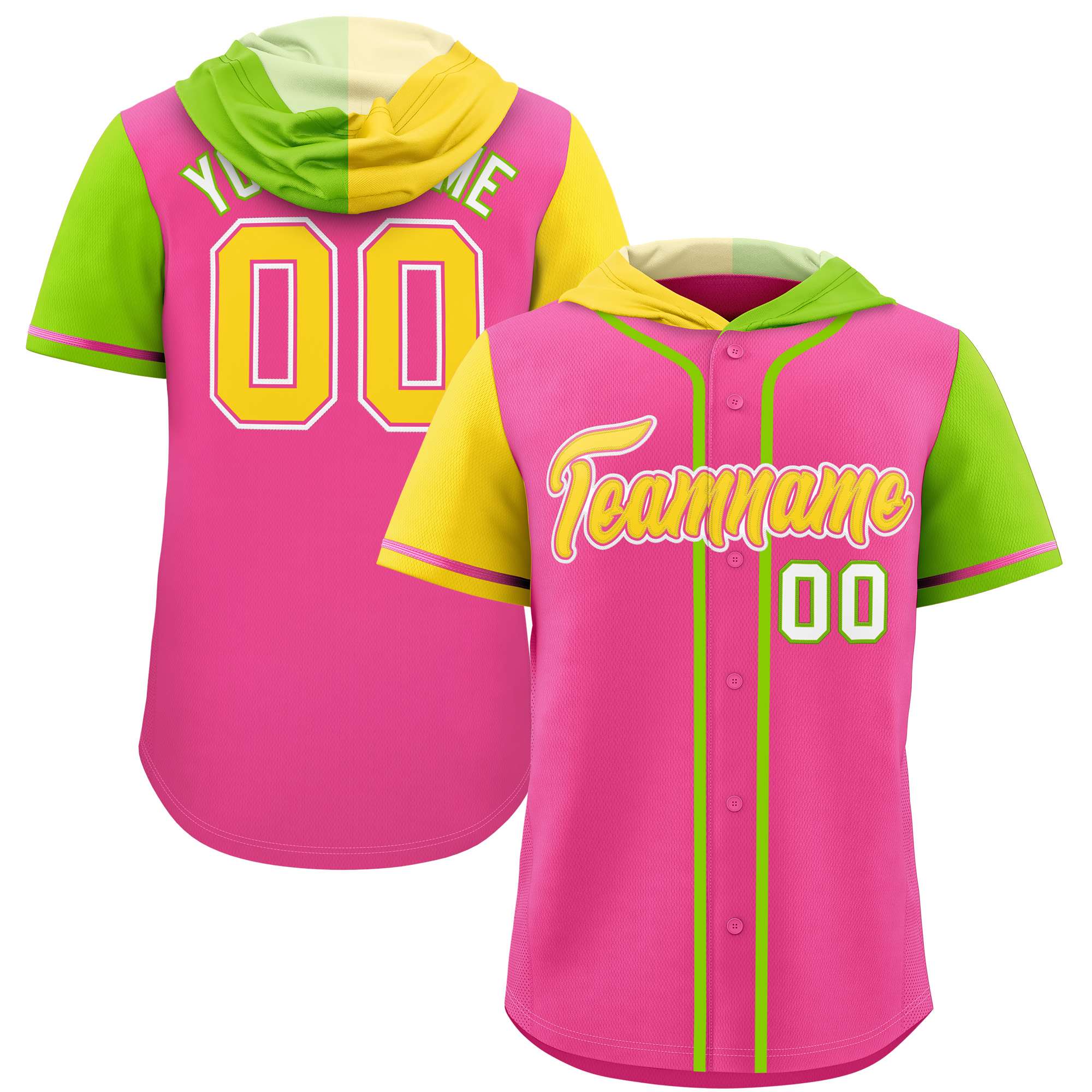 Custom Pink Gold and Neon Green Split Fashion Raglan Sleeves Authentic Baseball Hoodie Jersey
