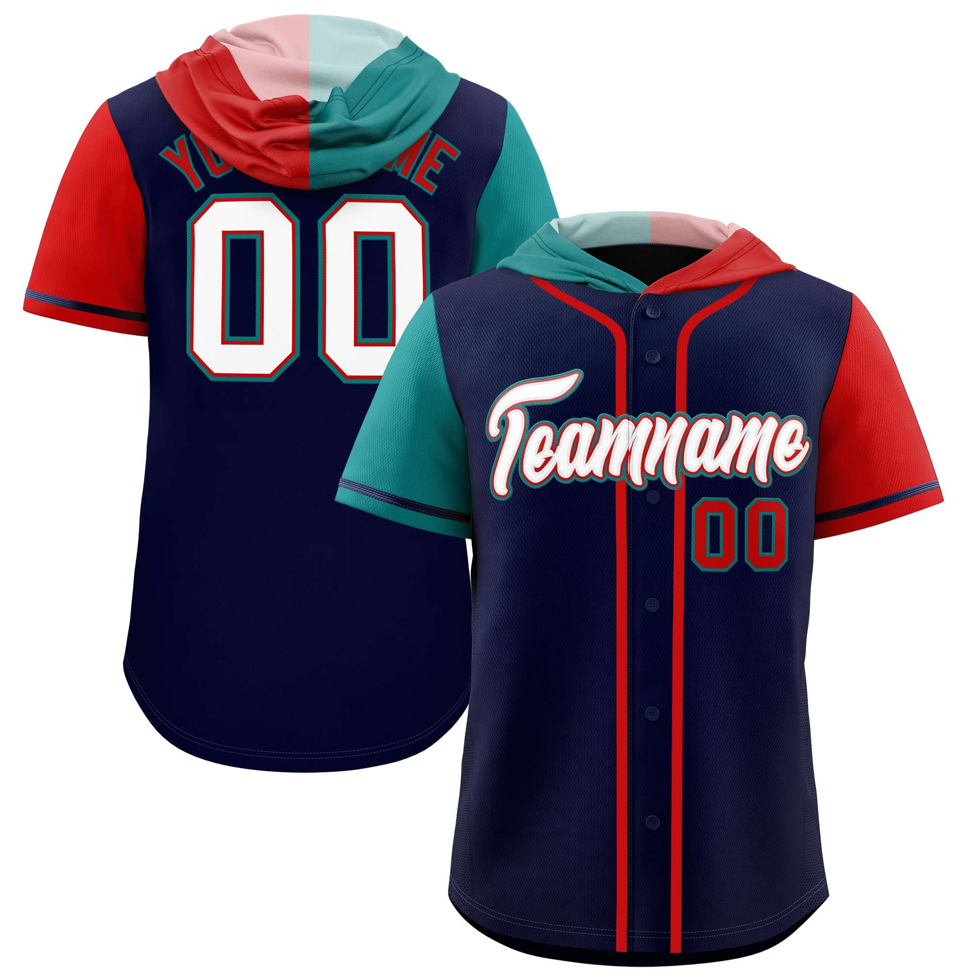 Custom Navy Aqua and Red Split Fashion Raglan Sleeves Authentic Baseball Hoodie Jersey
