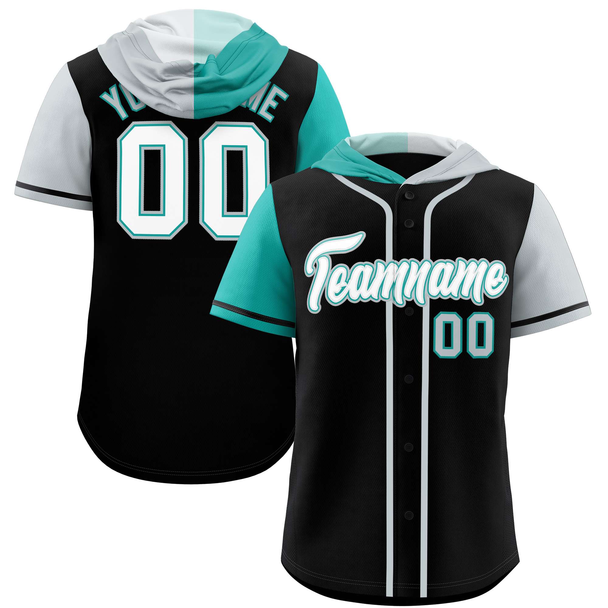 Custom Black Aqua and Silver Split Fashion Raglan Sleeves Authentic Baseball Hoodie Jersey