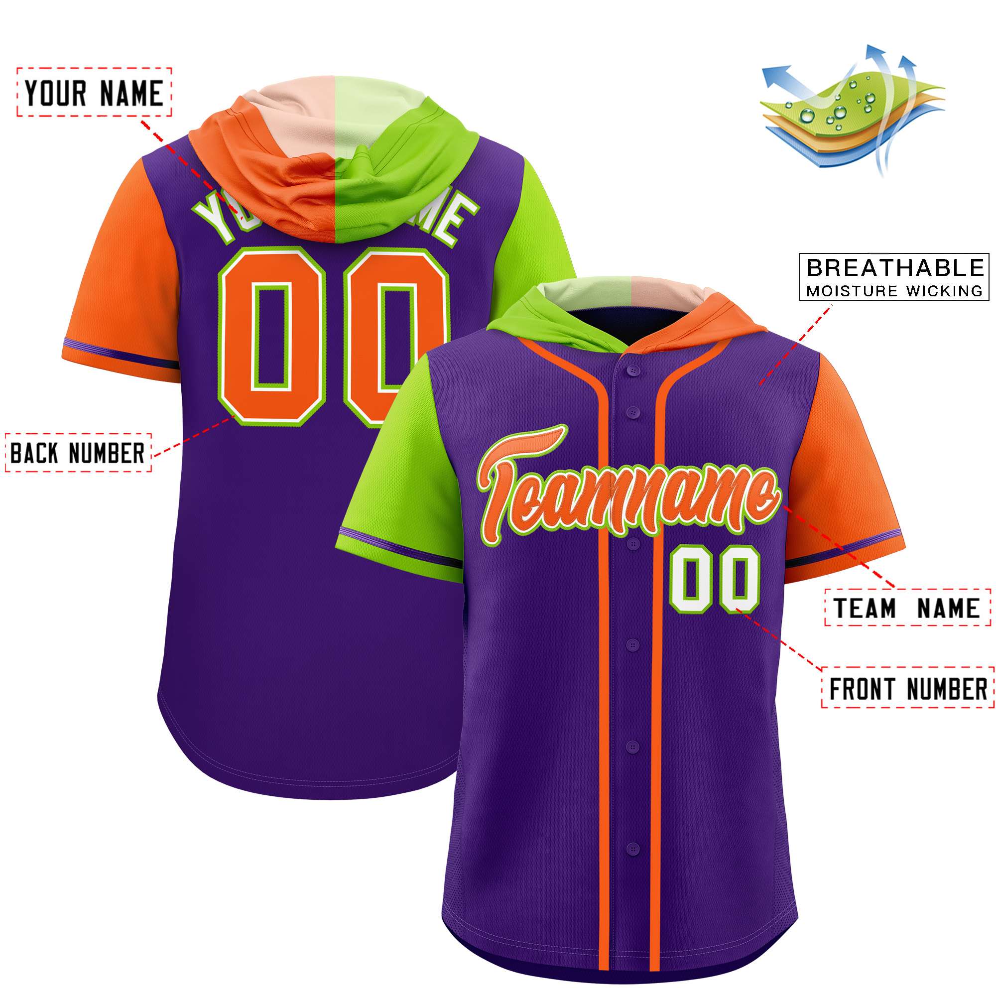 Custom Purple Neon Green and Orange Split Fashion Raglan Sleeves Authentic Baseball Hoodie Jersey