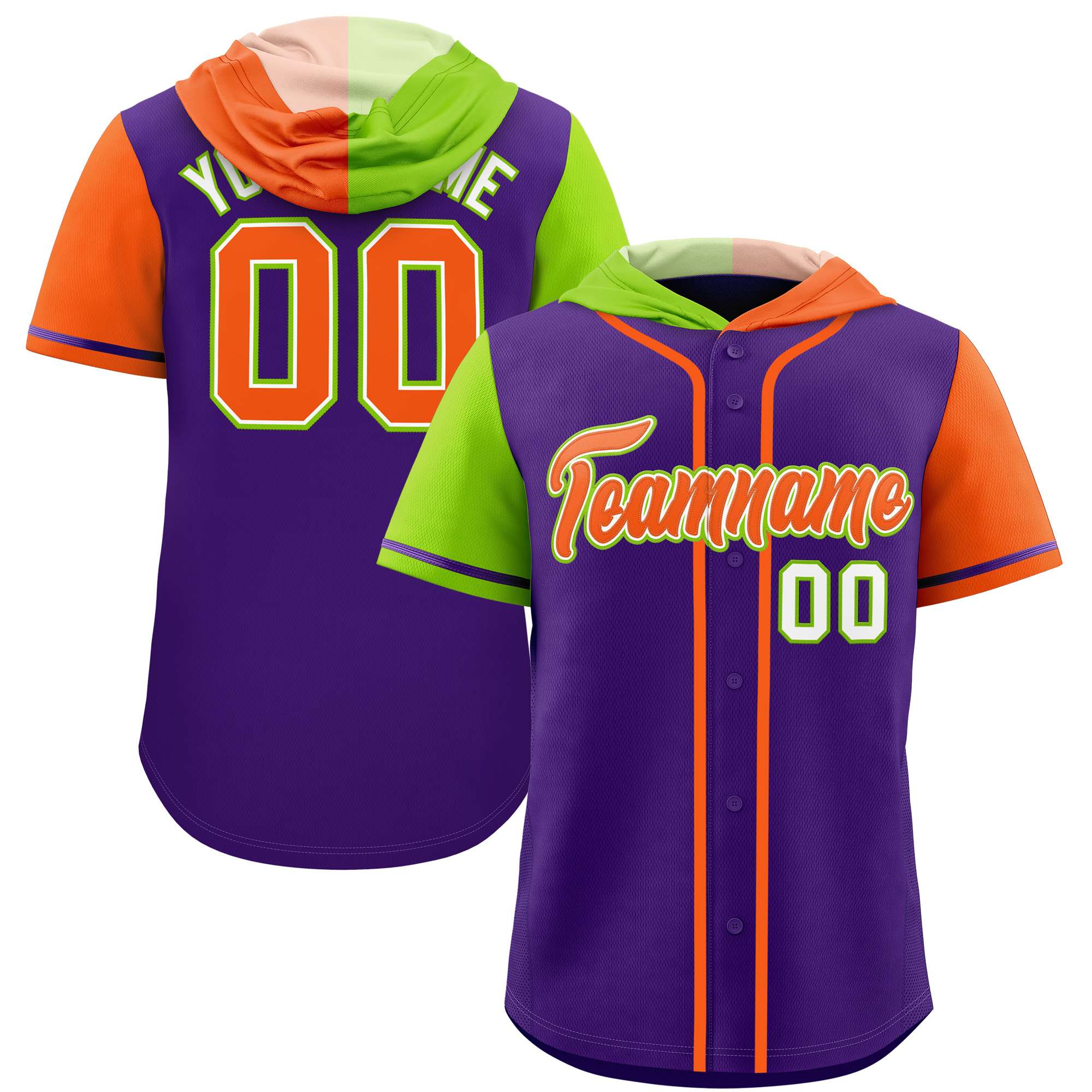 Custom Purple Neon Green and Orange Split Fashion Raglan Sleeves Authentic Baseball Hoodie Jersey