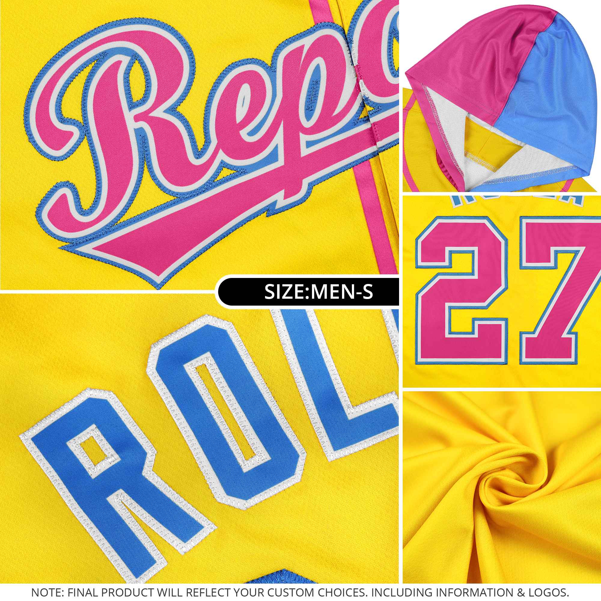 Custom Aqua Gold and Pink Split Fashion Raglan Sleeves Authentic Baseball Hoodie Jersey