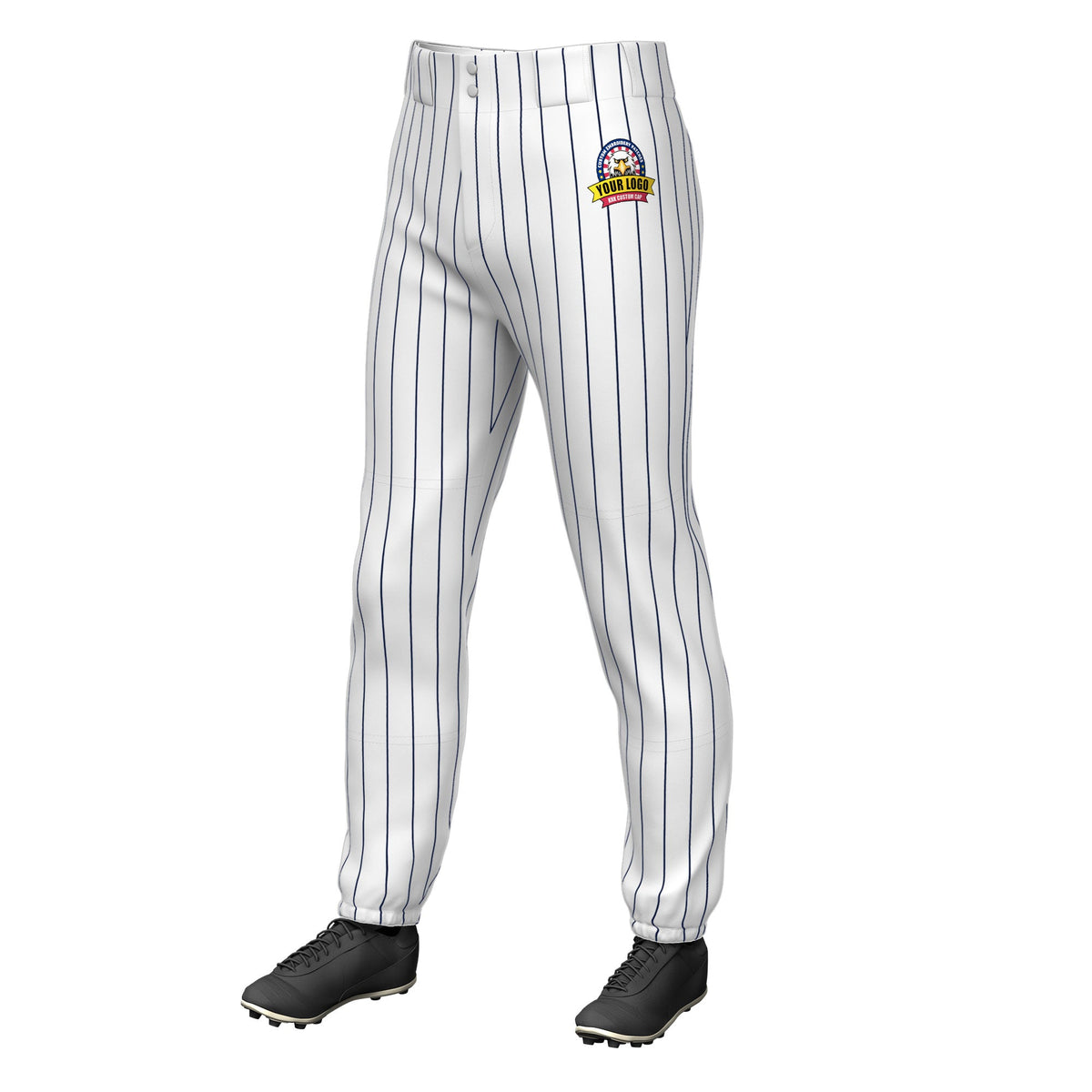Custom White Navy Pinstripe Fit Stretch Practice Pull  Up Baseball Pants